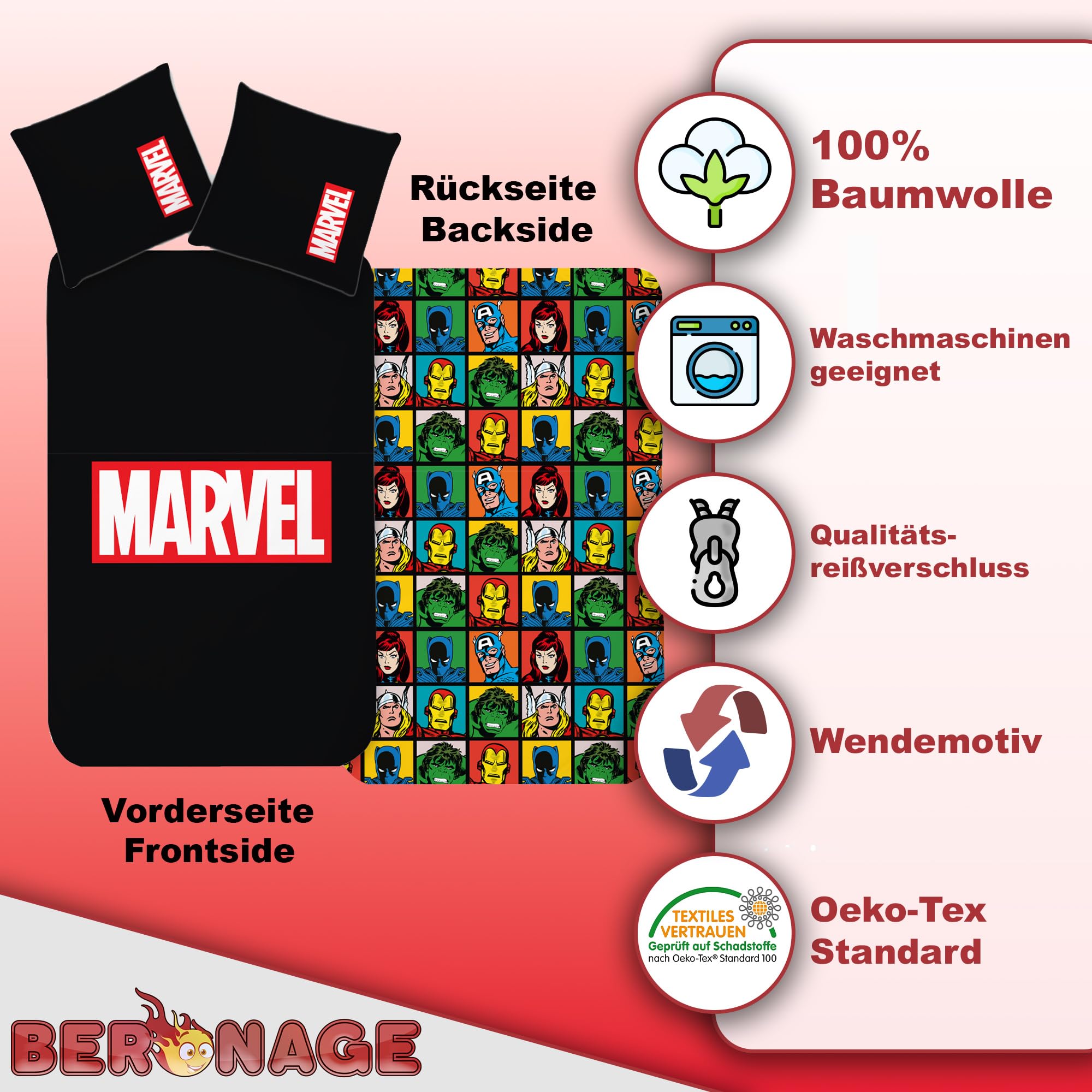 Pościel z logo Marvel 135 x 200 cm + 80 x 80 cm 100% bawełna Linon/Renforcé pościel poszwa na kołdrę MCU komiksy Iron Man Hulk Thor Kapitan Ameryka Spider-Man czarny zamek błyskawiczny