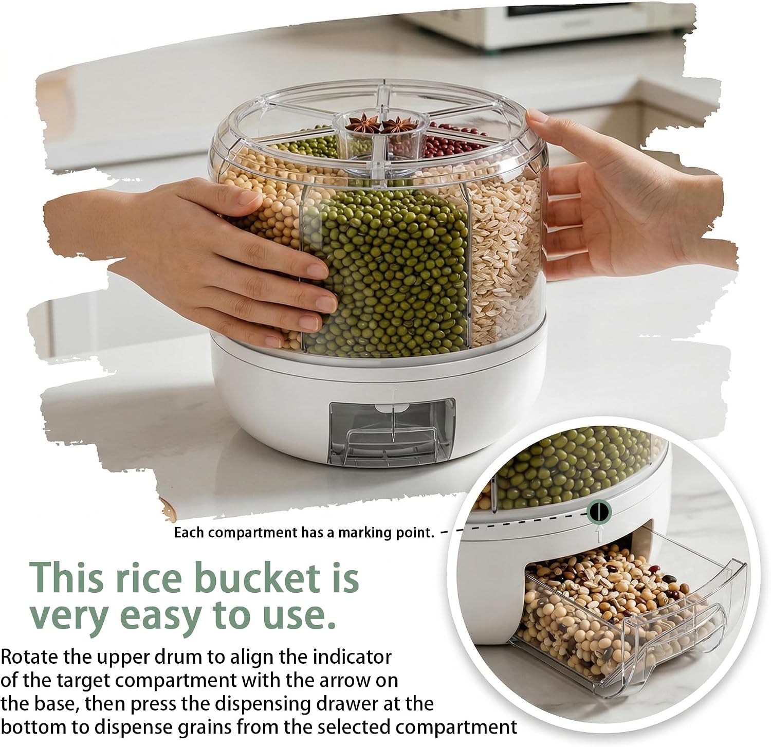 360° Rotating Grain Dispenser | 6-Grid Rice Dispenser with One-Click Dispensing | Airtight Cereal Container for Rice, Beans, Grains Storage (Black, Small)