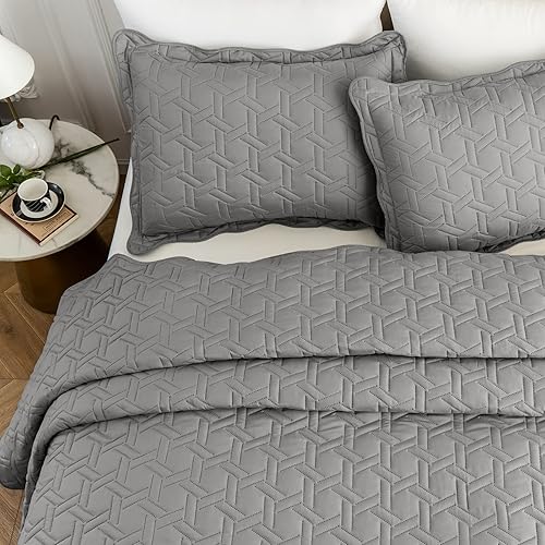 Miniatura 2 de Juego de edredón tamaño King de 3 piezas, colcha de verano suave y ligera, colcha reversible de microfibra para todas las estaciones, gris, patrón