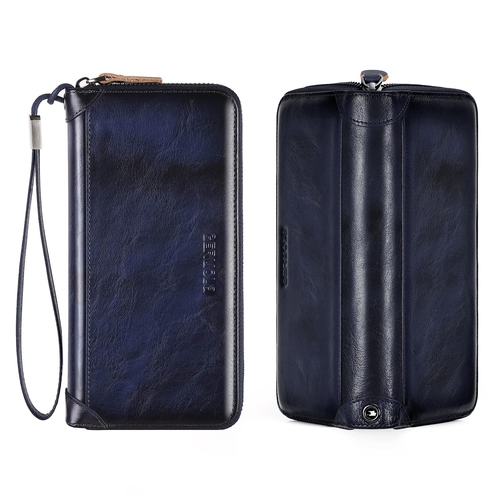 GERUOLA Herren Geldbörse，RFID-blockierende Reisebrieftasche, Kartenfächer,Handgelenkschlaufe, Brieftasche Echtes Rindsleder， Reißverschluss Clutch Geldbörse Große Kapazität Lange (Blau)