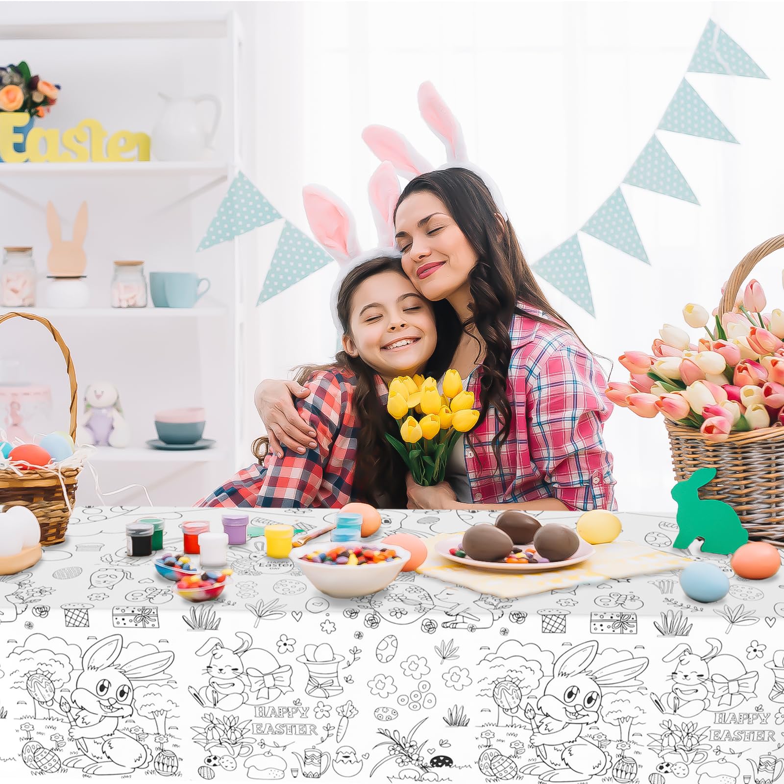 Tovaglia Da Colorare Gigante Di Pasqua 183x78 Cm – Con Conigli, Uova E Fiori, Per Giochi E Decorazioni