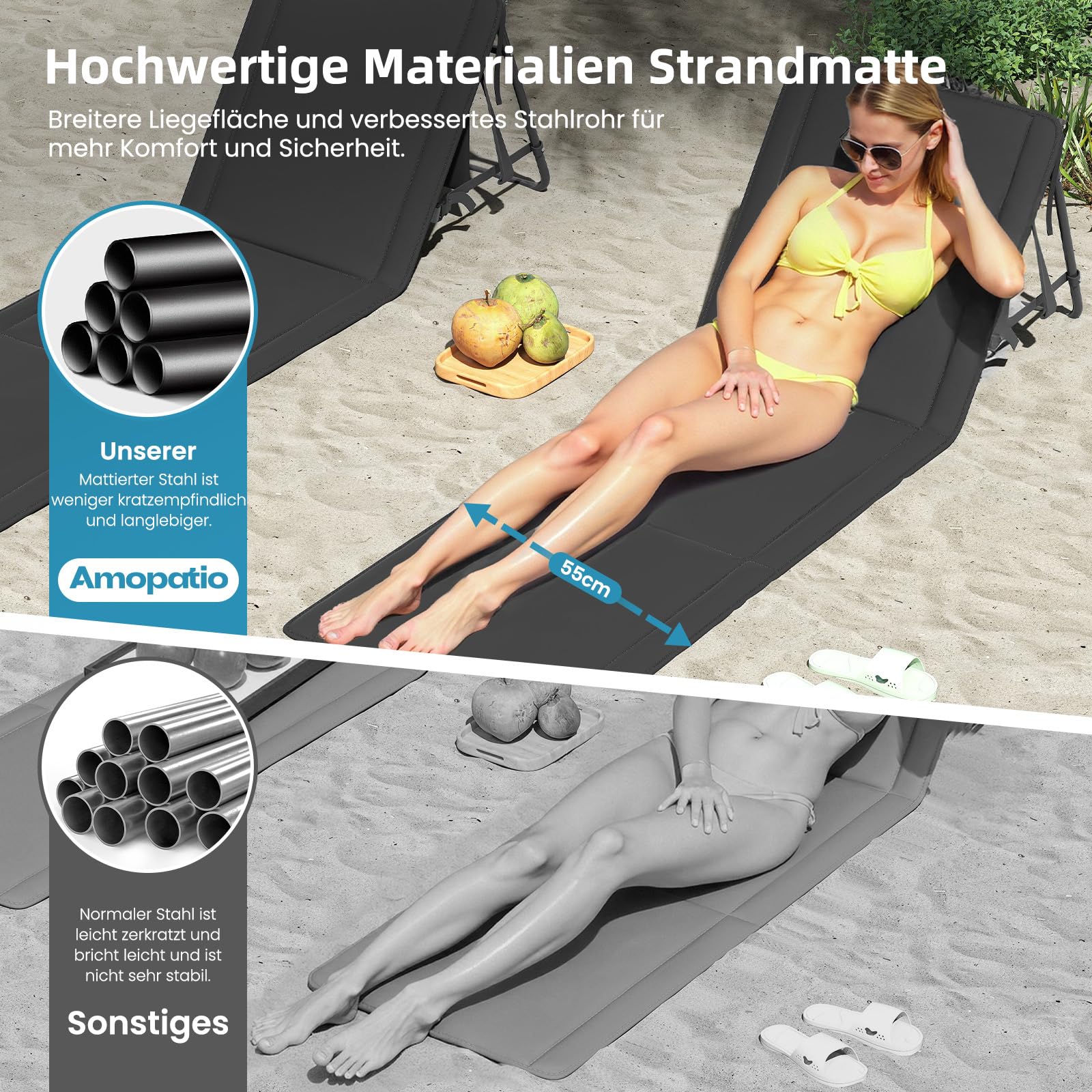Amopatio Zestaw 2 mat plażowych, składanych, z wielostopniową regulacją oparcia i paskiem do noszenia – składany leżak do opalania z torbą na plażę, do ogrodu, na kemping i taras, antracyt