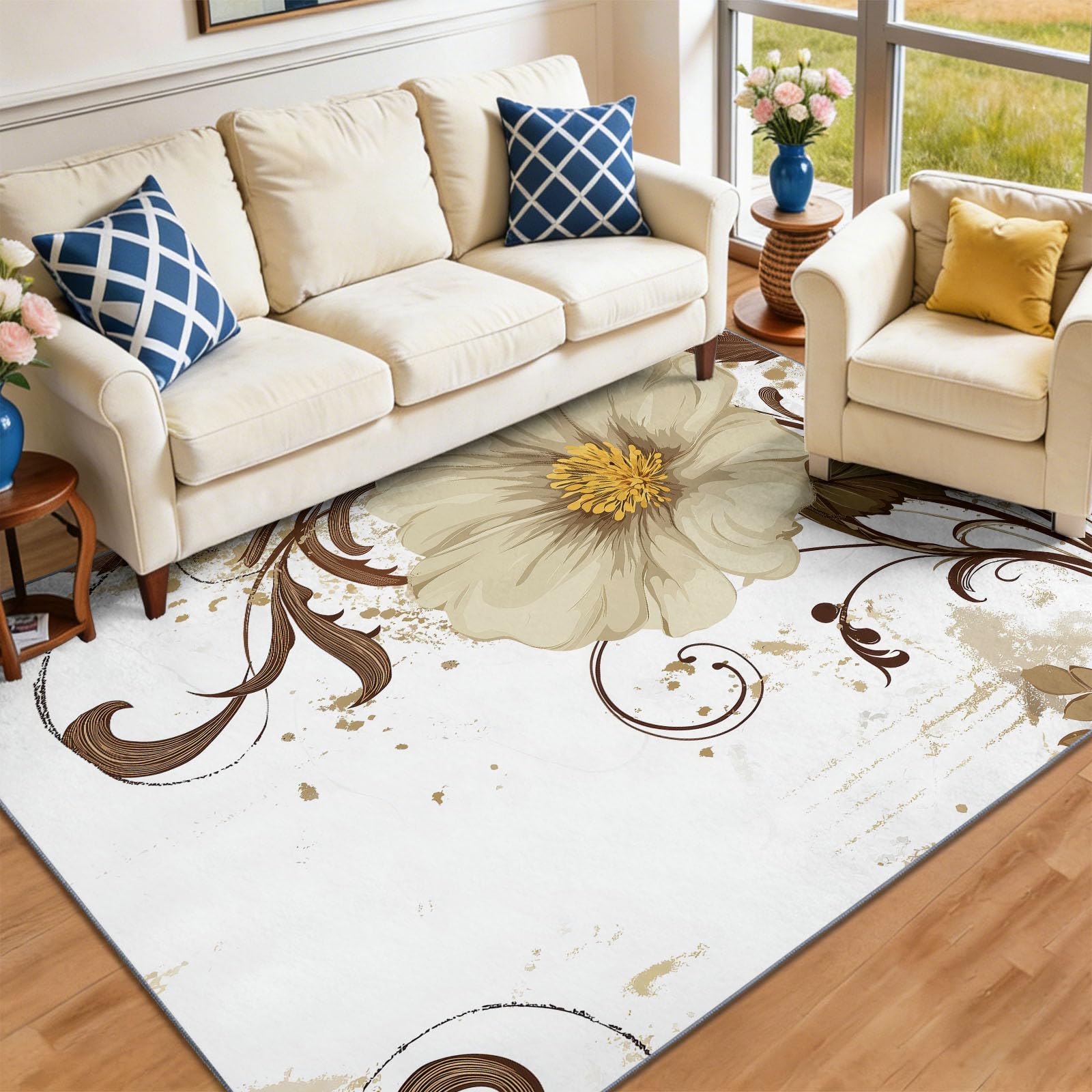 Tapis Salon 140 x 200 cm Fleurs Vignes