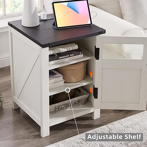 Miniatura 6 de Mesita de noche rústica con estación de carga mesa auxiliar moderna con almacenamiento de 3 niveles pies ajustables mesa auxiliar rústica para