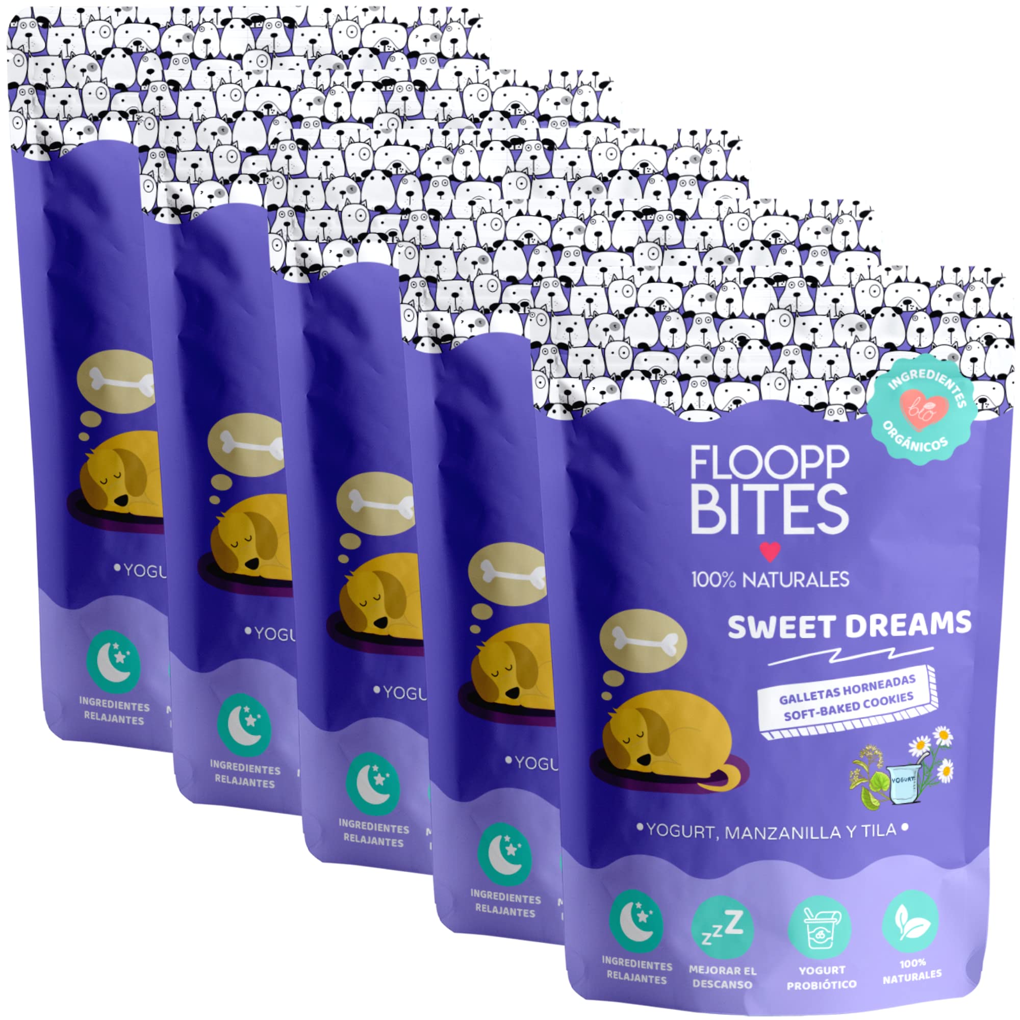 FlooppBITES Chuches para perros - Snacks para perro - Galletas perro 100% Naturales - Premios y golosinas - Alimento complementario perros - Sweet Dreams x 5 Pack (Total 500gr.)