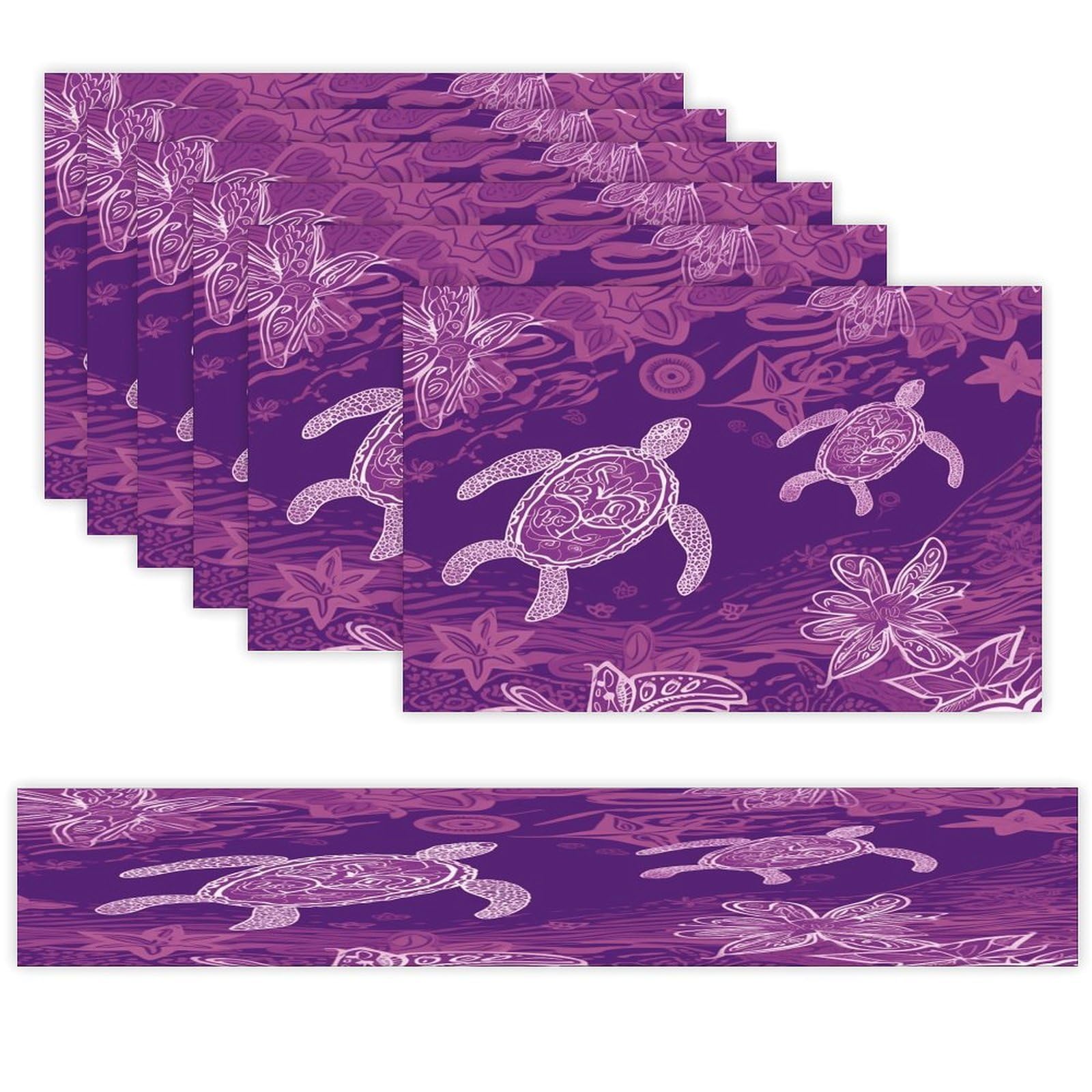 Hawaii with Purple Sea Turtle Placemats Set of 7 Exquisite Linen Table Mat Seven Piece Set Includes 13"x71" Fashion Table Runner and 12"x18" Place Mat Decor for Kitchen Dining Room