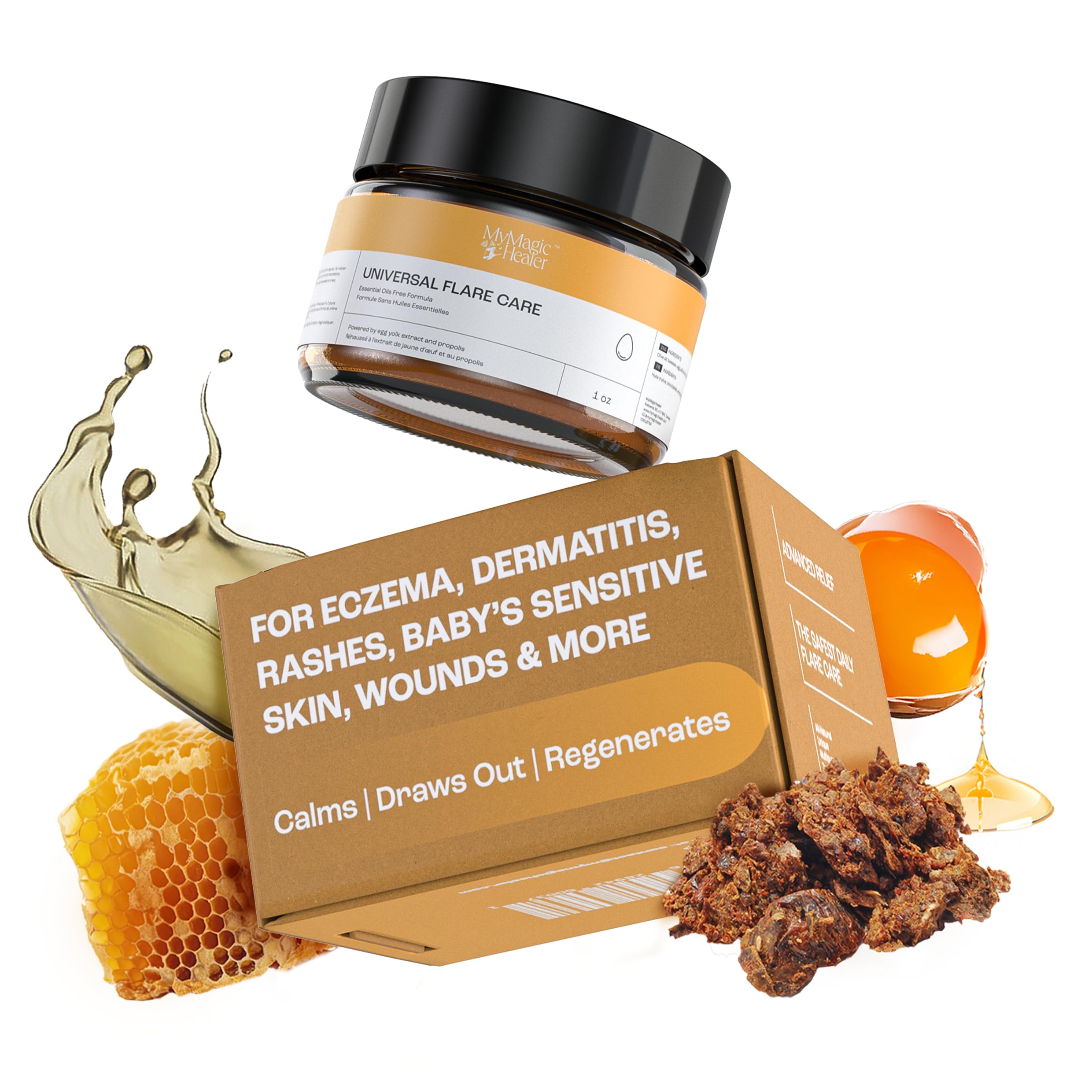 MyMagicHealer Universal Flare Care | Essential Oil Free | Relief for Rashes, Eczema, Psoriasis, Hidradenitis Suppurativa, Impetigo, Dermatitis, Wound Care, Sensitive Skin w/Propolis & Egg Yolk 1 oz