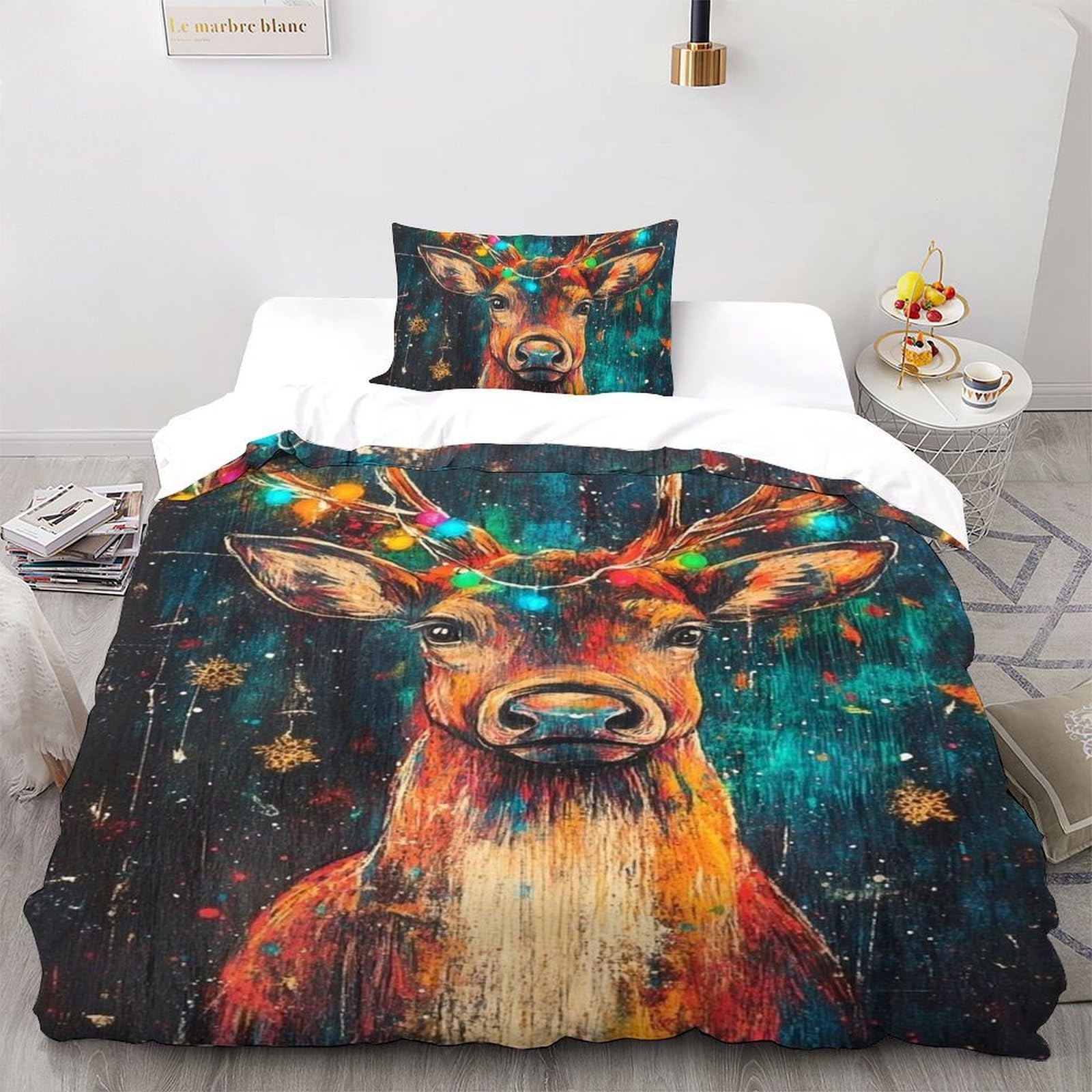 LOVEROGD Painted Elk Bedding Set Theme Bedspread Forest Animals Animal Themes Duvet Cover Set Microfiber Quilt Cover Universal for All Seasons Pillowcase Single（135x200cm）