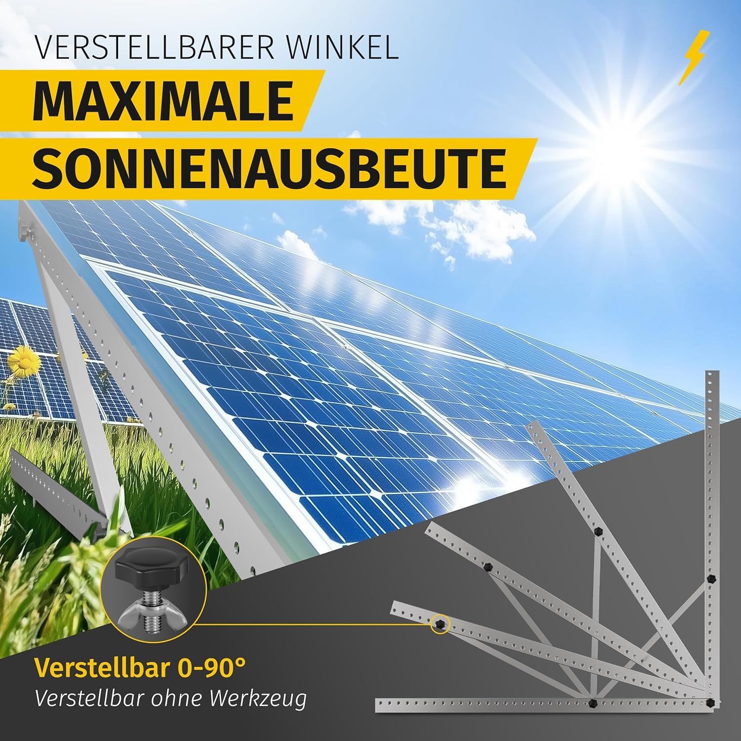 Avoltik Balkonkraftwerk Halterung 2er Set [0% MwSt.] - Solarpanel Halterung Flachdach [0-90° verstellbar] Solarmodul Halterung Flachdach - Ideal für Dach, Boden & freistehend - 114 cm - Alu 6005-T5