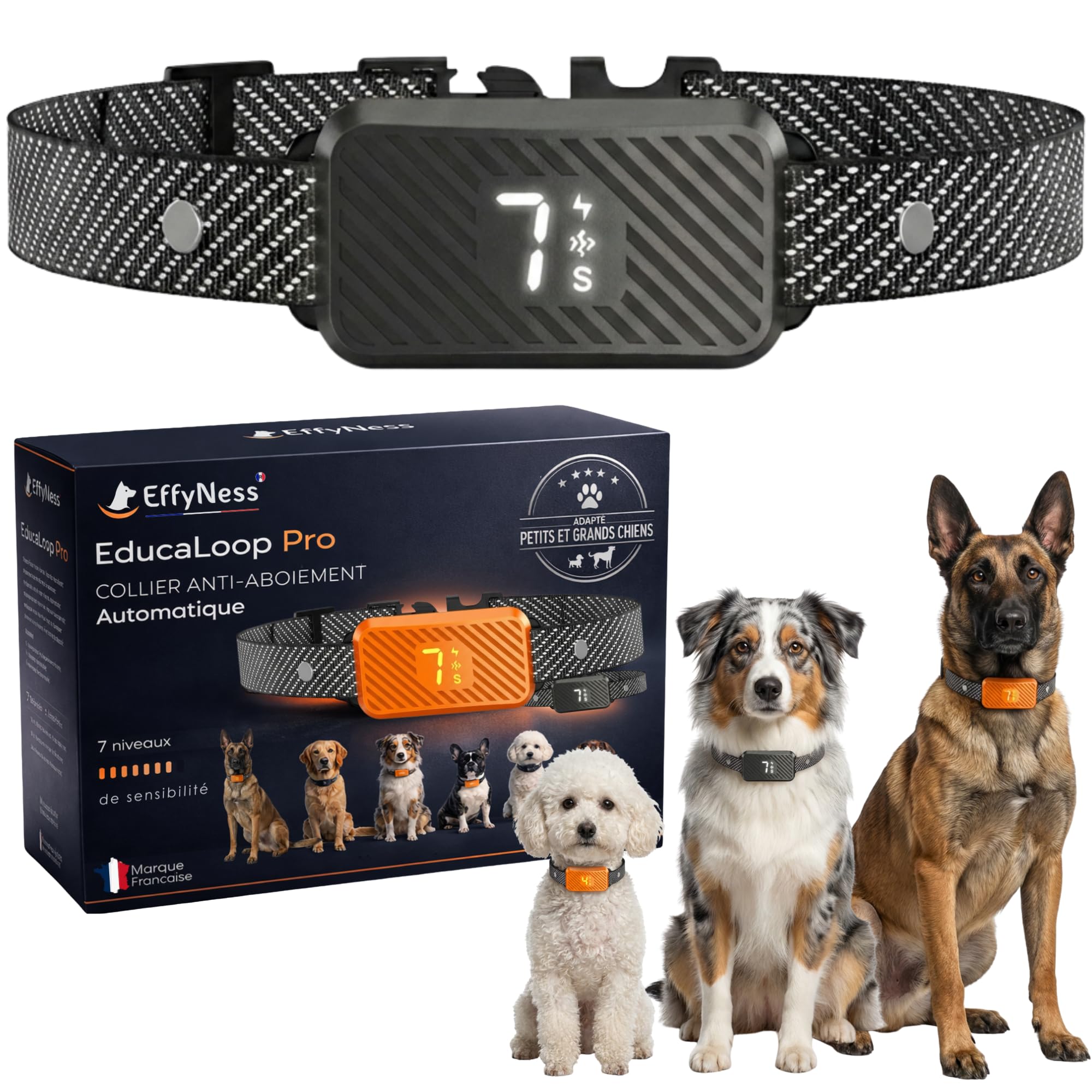 Collier Anti Aboiement Chien - Nouveau 2026 : Résultat Stop Immédiat - Automatique - Réglable - 3 Modes/7 Niveaux - Rechargeable - sans Douleur - Petits Gros Chiens - Electrique - Anti-Aboiement