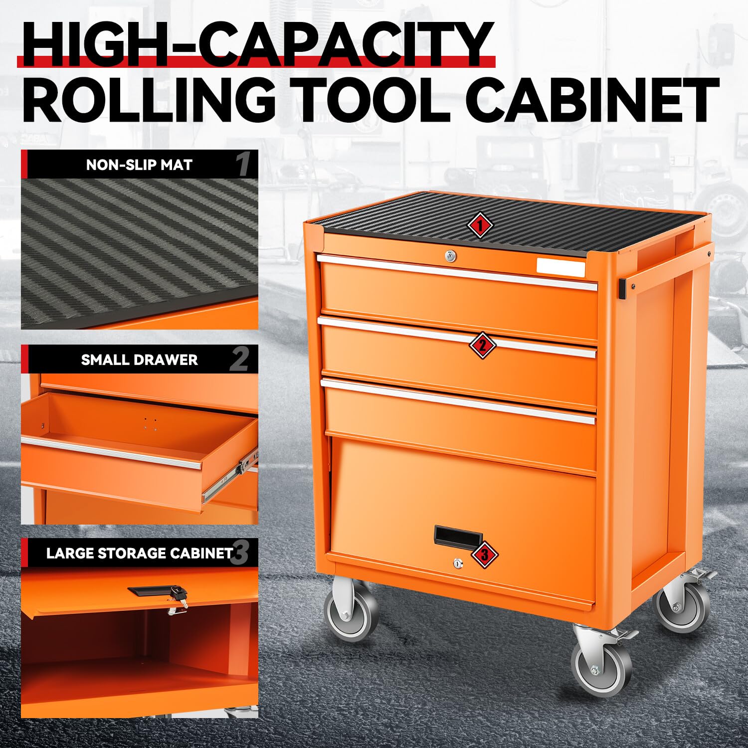 Auto Dynasty 3-Drawer Rolling Tool Cabinet, Roller Cart Tool Cabinet Storage Chest Box with Wheels and Key Lock for Garage Warehouse Workshop, Orange