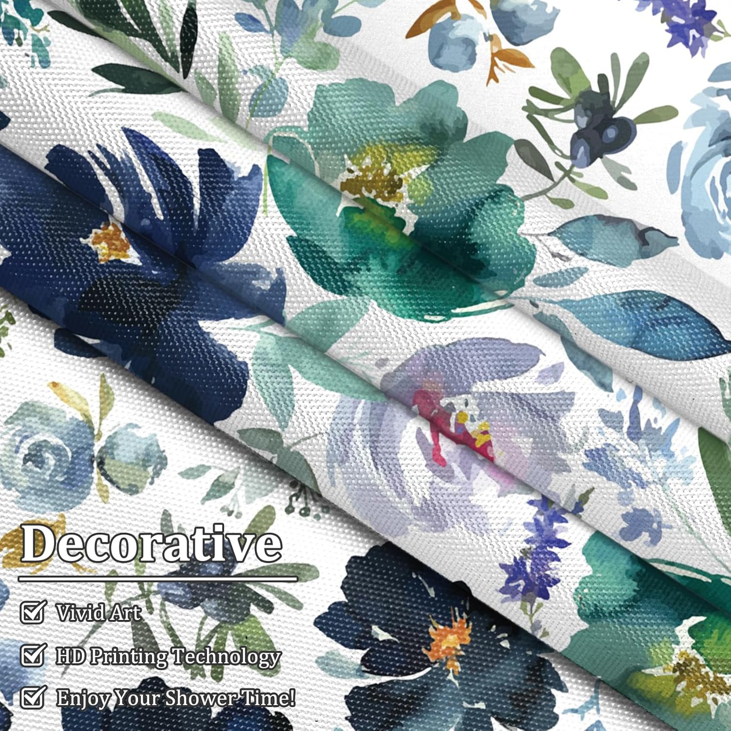 Renaiss 72 x 72 Inch Blue Watercolor Flower Shower Curtains Sets Navy Blue Green Purple Flower Art Print Shower Curtains for Bathroom Waterproof Fabric Bath Curtain Modern Decor with Plastic Hooks