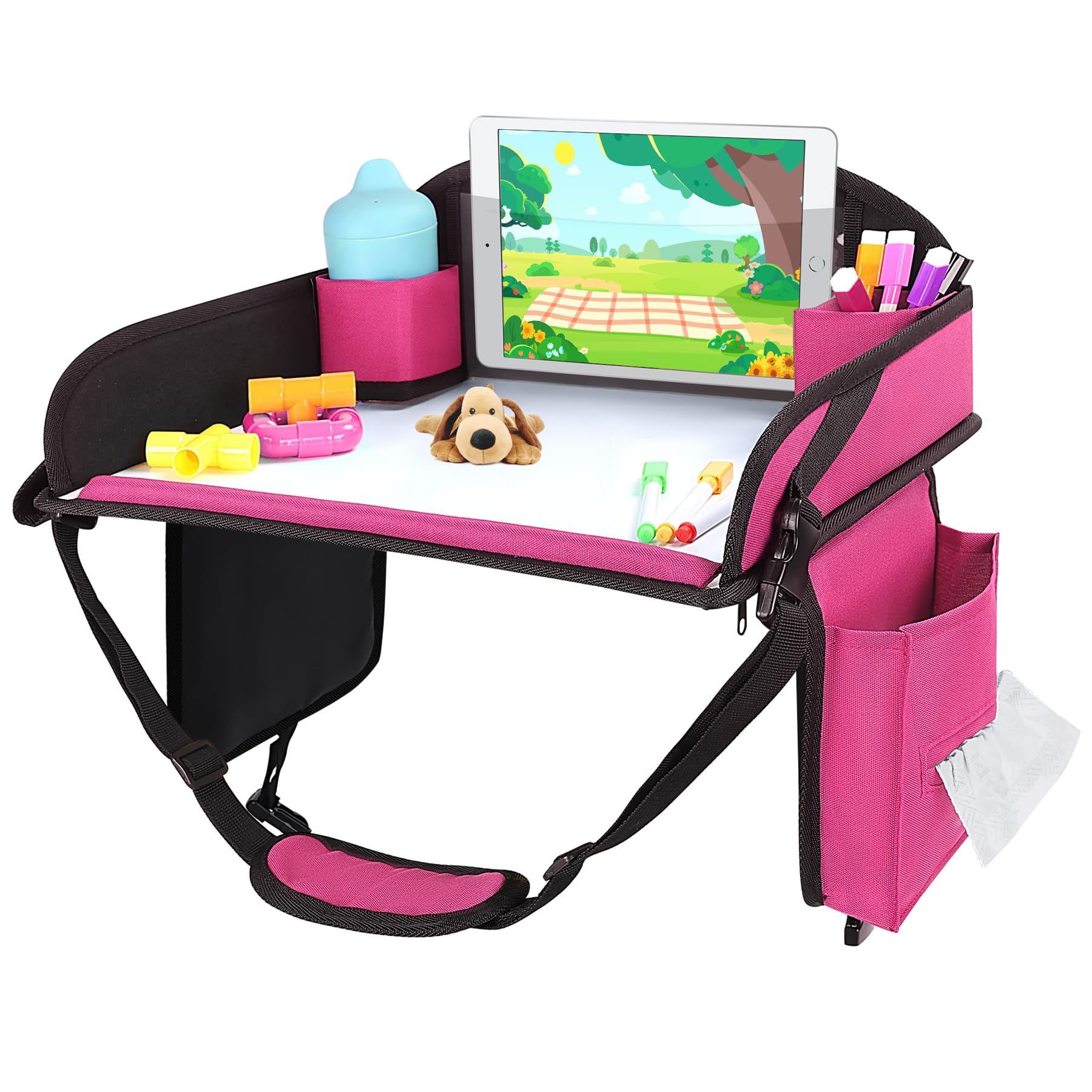 INFANZIA Reisetisch Kindersitz Spiel für Kinder- Auto Knietablett, Kindersitz Rücksitz mit Farbstifte für Flugzeug Zug Reisen - Unterstützung, Faltbarer Organizer (Rosa)
