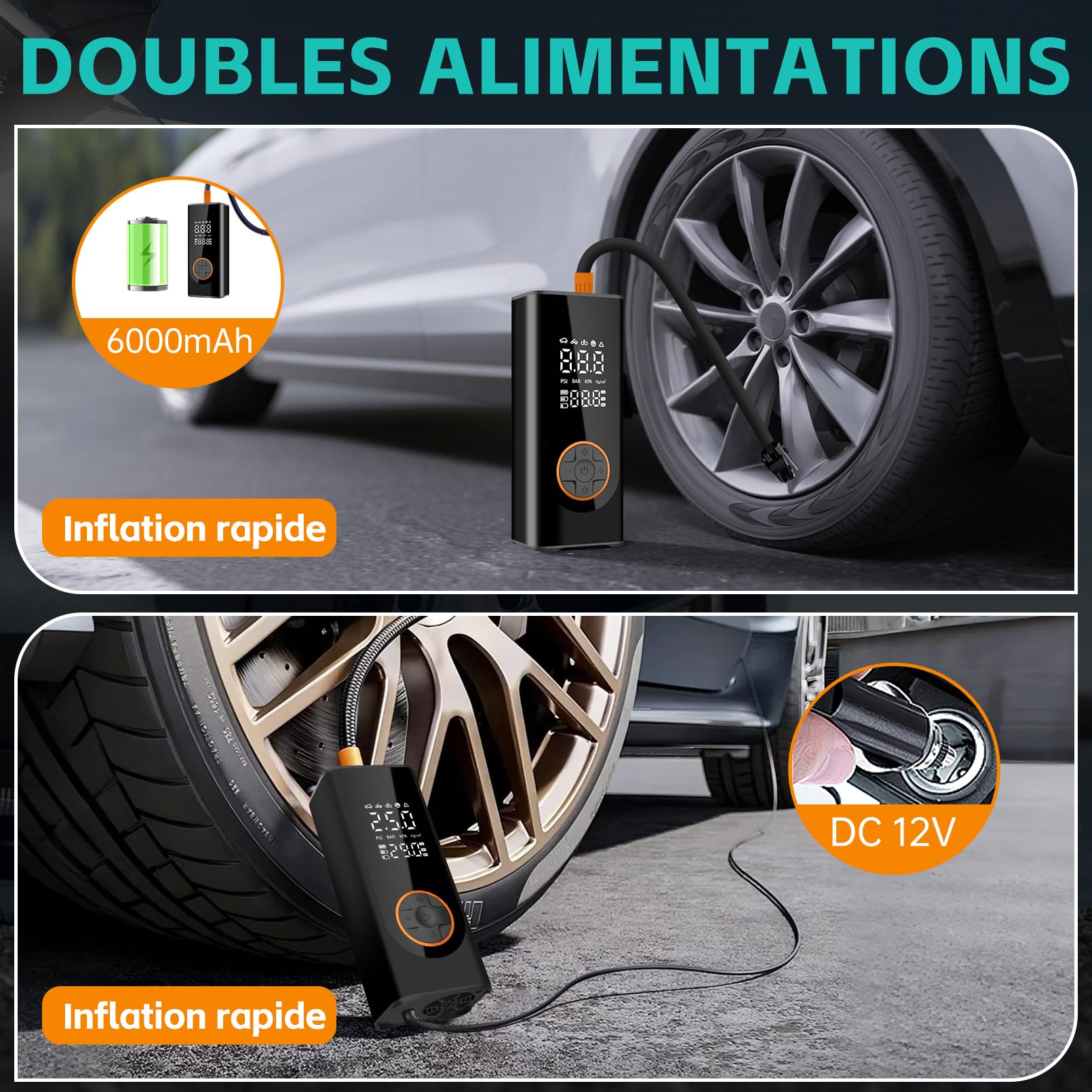 Gonfleur de pneus sans fil compresseur d'air portable pompe à pneus de voiture numérique DC 12V 150PSI pompe à air électrique pour pneus de véhicule/vélo/gonflables avec préréglée et arrêt automatique