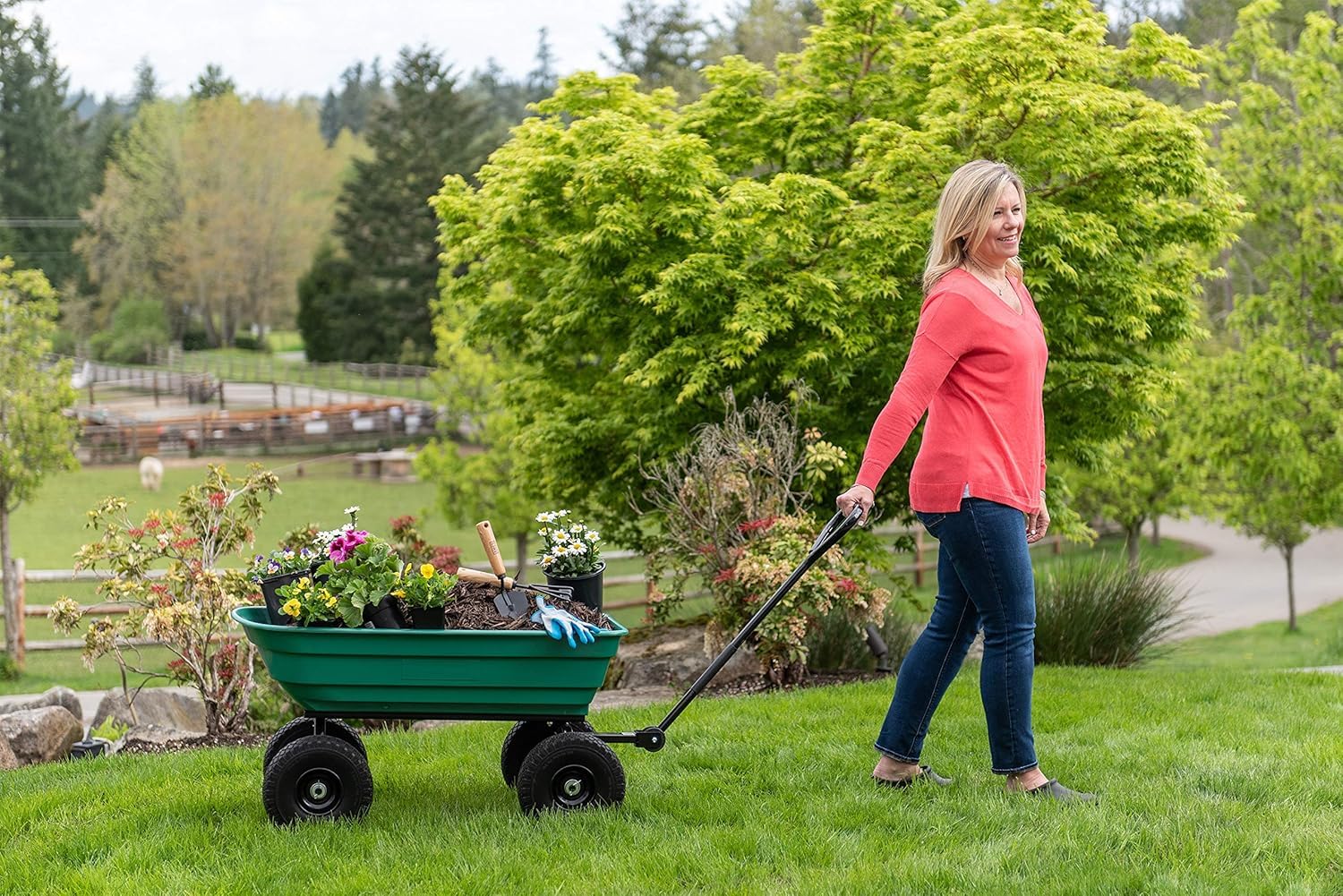 Brouette de jardin à 4 roues, 600 kg, avec mécanisme d'inclinaison rapide, construction en acier robuste et bac résistant à la corrosion, chariot à main stable pour jardin, cour et travaux paysagers