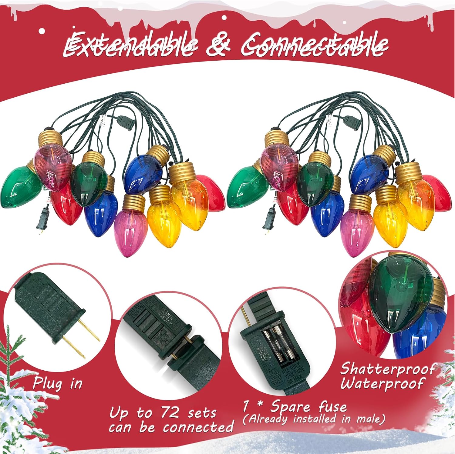 Abeja Vintage Jumbo Christmas Lights, 16FT Jumbo Xmas String Lights with 10 Colorful LED Bulbs, C7 Christmas Multicolor Light for Home Tree Roof Yard Holiday Garden, Multicolor