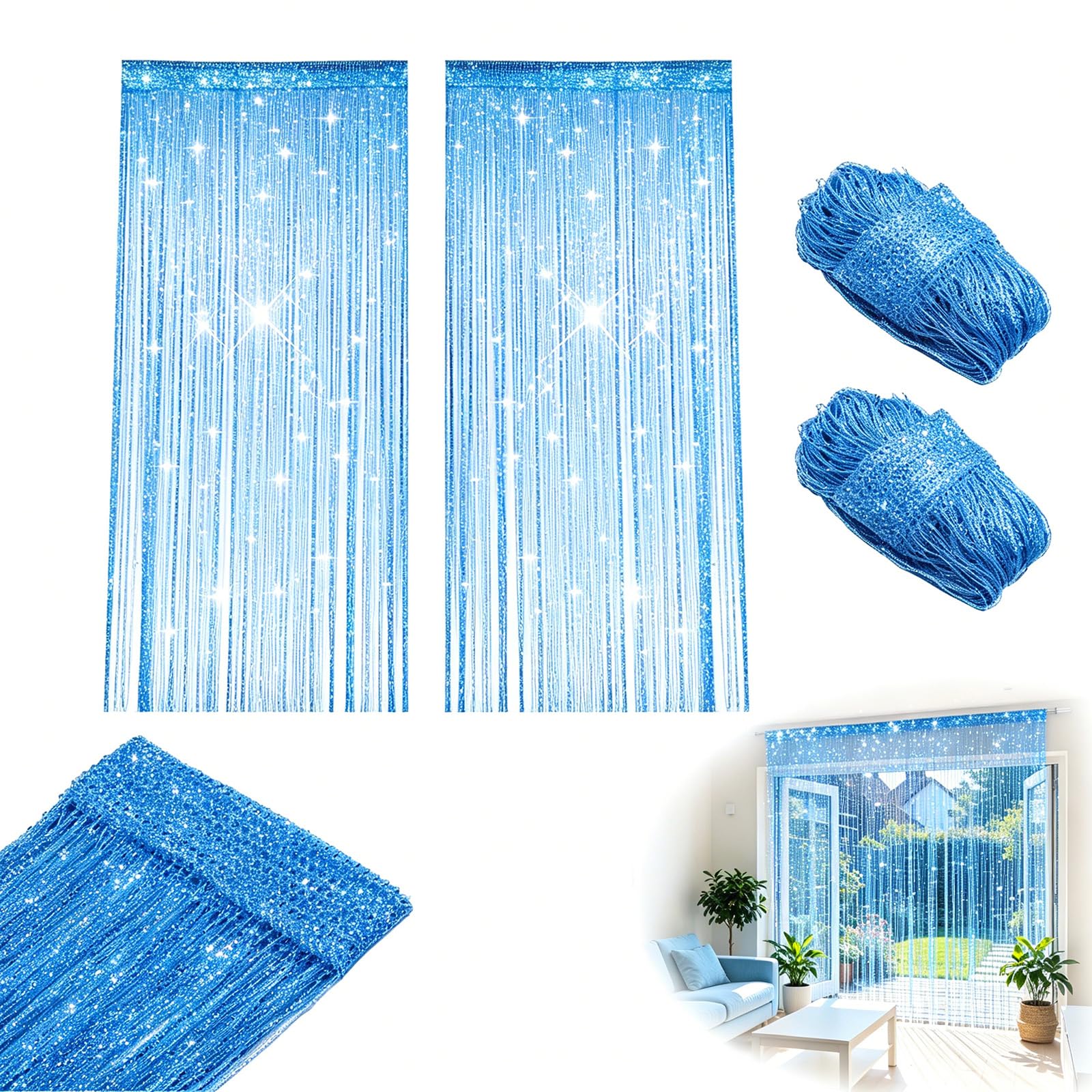 Crafthaven 2 Pack String Door Curtains, 100 x 200cm String Curtain Panel Glitter String Doorways Divider Door Screens for Living Room Bedroom Party Decorations (4, Blue)