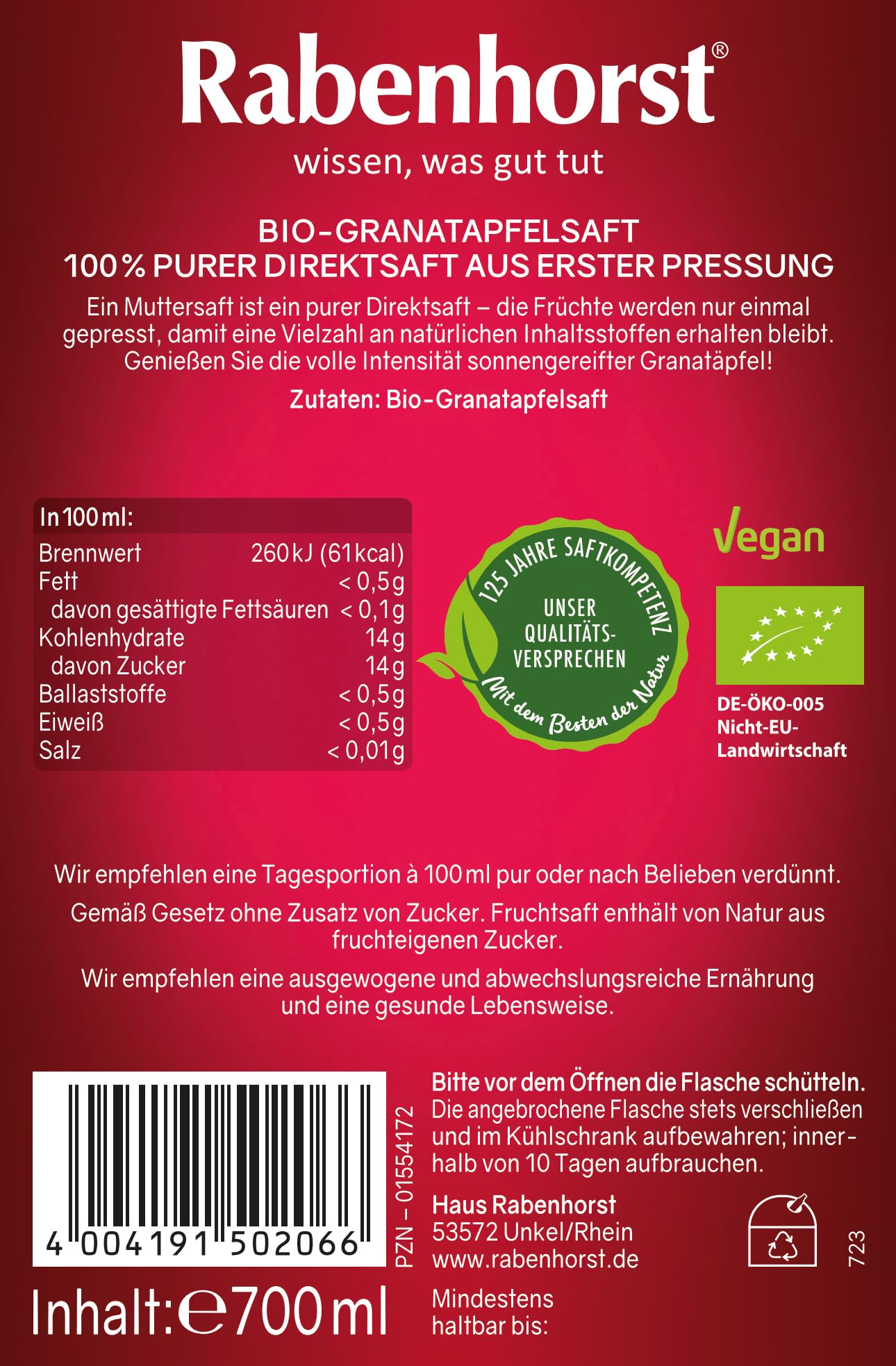 RABENHORST Granatapfel Muttersaft BIO 3er Pack (3 x 700 ml) | 100 % purer Granatapfel-Direktsaft aus erster Pressung