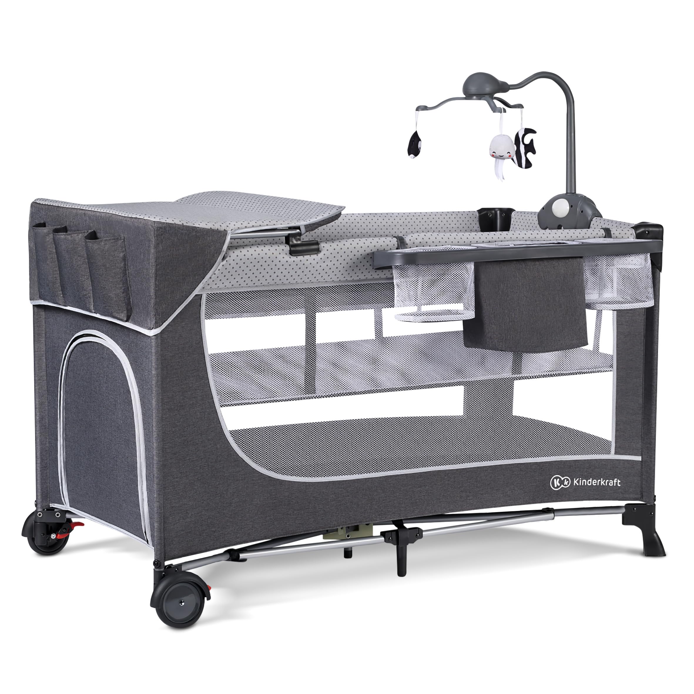 Kinderkraft LEODY Reisebett Baby mit Schlaffläche 120 x 60 cm, Mobile mit Melodien Lichtern und Spielsachen, Höhenverstellbar, schnelle Zusammenklappen, Luftzirkulation, Transporttasche, Grau