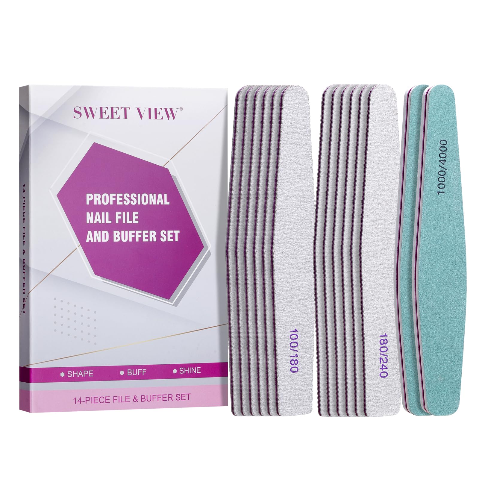 SWEET VIEW 14PCS Nail Files & Buffers for Natural, Gel, and Acrylic Nails | Emery Boards and Buffing Blocks Professional Kit (100/180/240/1000/4000 Grit)