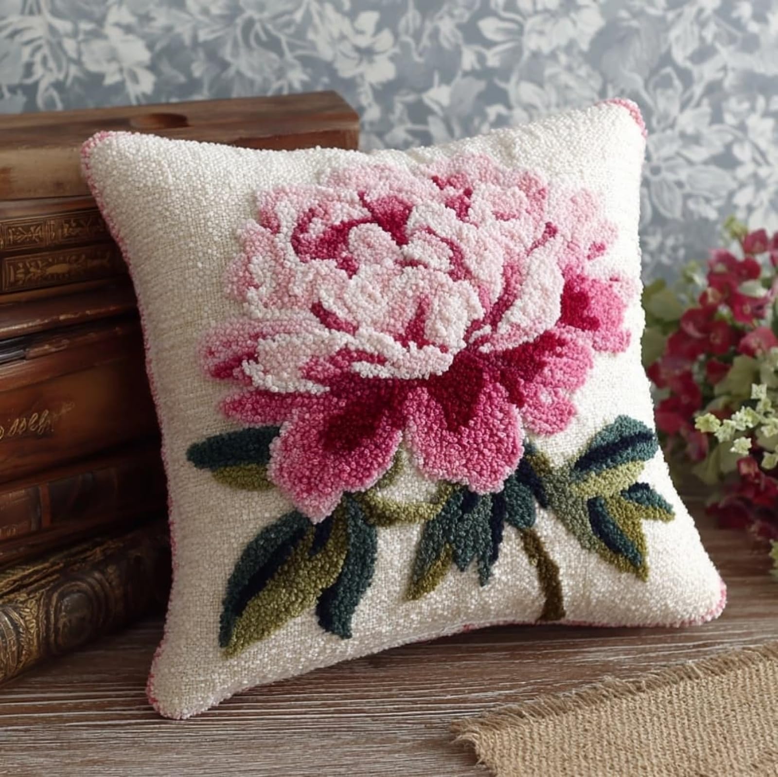 WallustrioaW Latch Hook Pillow Cover Making Kit 43x43cm,Pink Peony