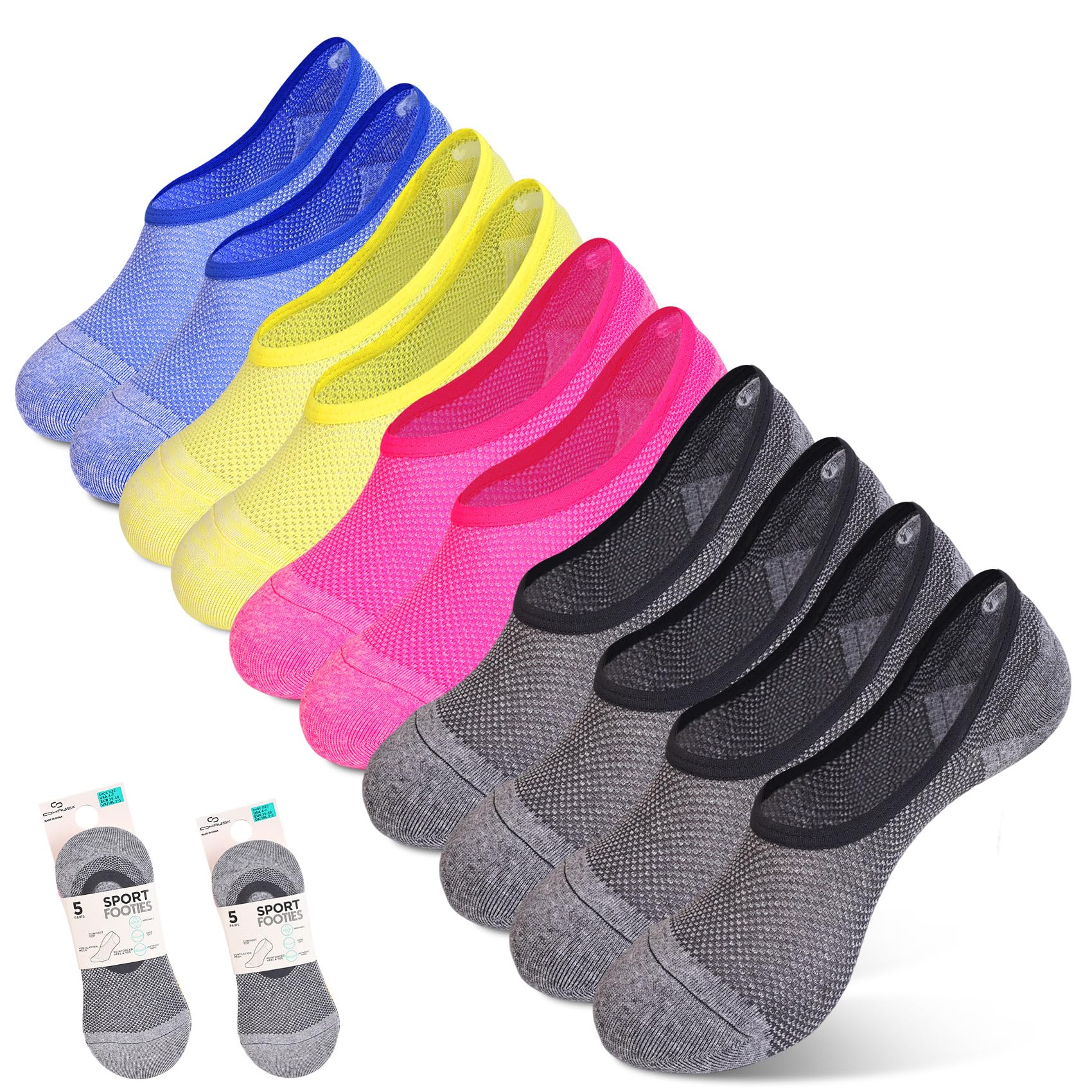 CDHRUSK 10 Pairs 4 Color Mixed Grey Blue Yellow Pink No Show Socks Womens & Man, Ideal, Breathable invisible liner no slip