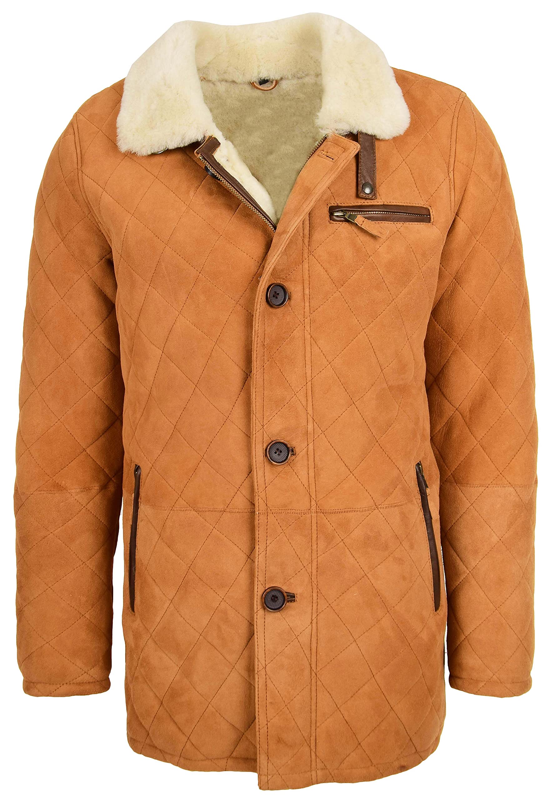 House Of Leather Men's Tan Real Sheepskin Coat Cross Stitch Shearling Anorak Edwin (Xl, )