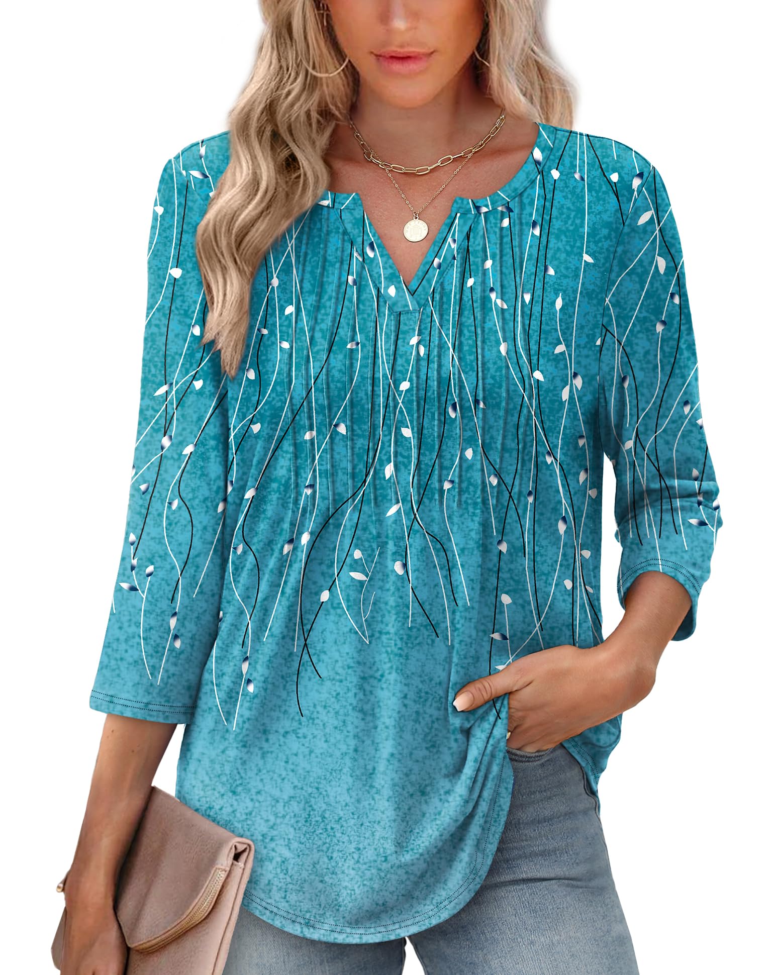XIEERDUO Womens 3/4 Sleeve Tops 2025 V-Neck Summer Outfits Casual Pleated Shirts Blouses Beach Vacation Fall Fashion Clothes