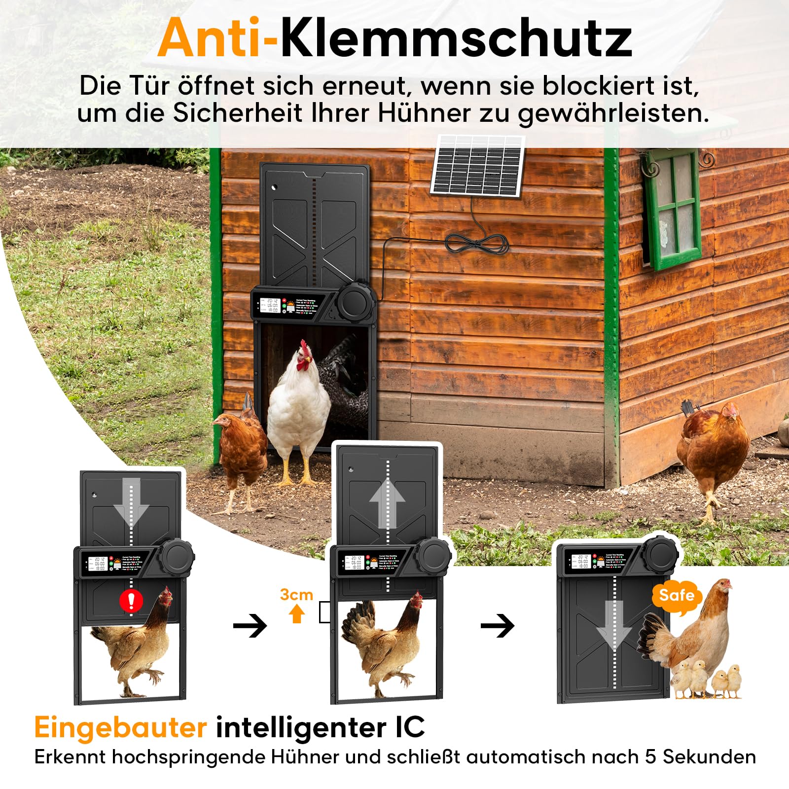 Große Automatische Hühnerklappe Solar, Aluminum Hühnerklappe Automatisch mit Großes Display, Timer, Fernbedienung, Intelligenter Einklemmschutz Elektrische Hühnertür