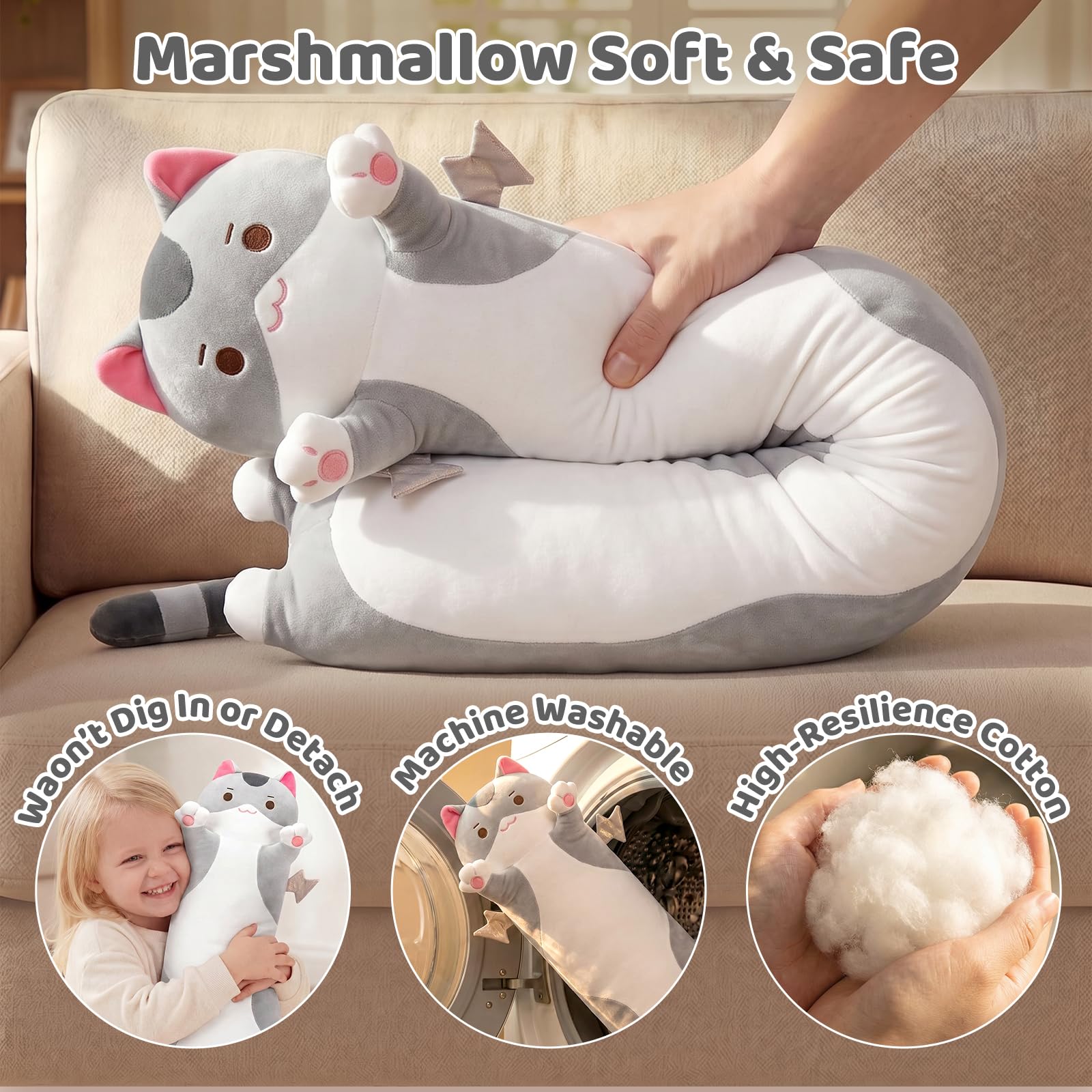 Mewaii Carino Gatto in Peluche Cuscino lungo Cuscino Animale Bambola Giocattoli Kawaii Soffici Comfort Cuscino in Peluche per Regalo per Bambini dai 3 anni in su, 50 cm, Gatto Grigio)