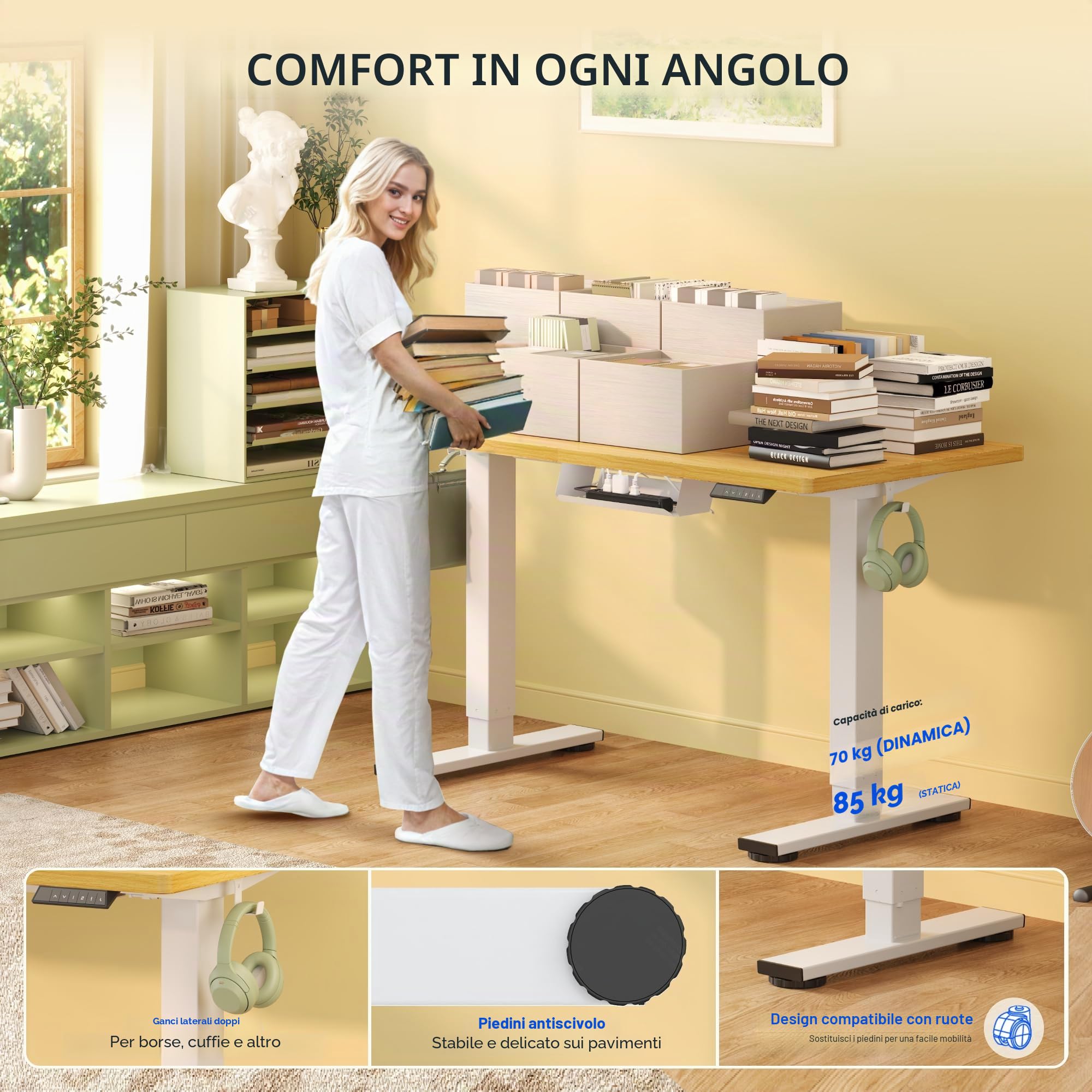 FLEXISPOT Scrivania Regolabile In Altezza Elettrica 100x60cm, Scrivania Regolabile In Altezza A 2 Livelli Con Gancio E Promemoria Seduta-Stand (Acero, Struttura Bianca)