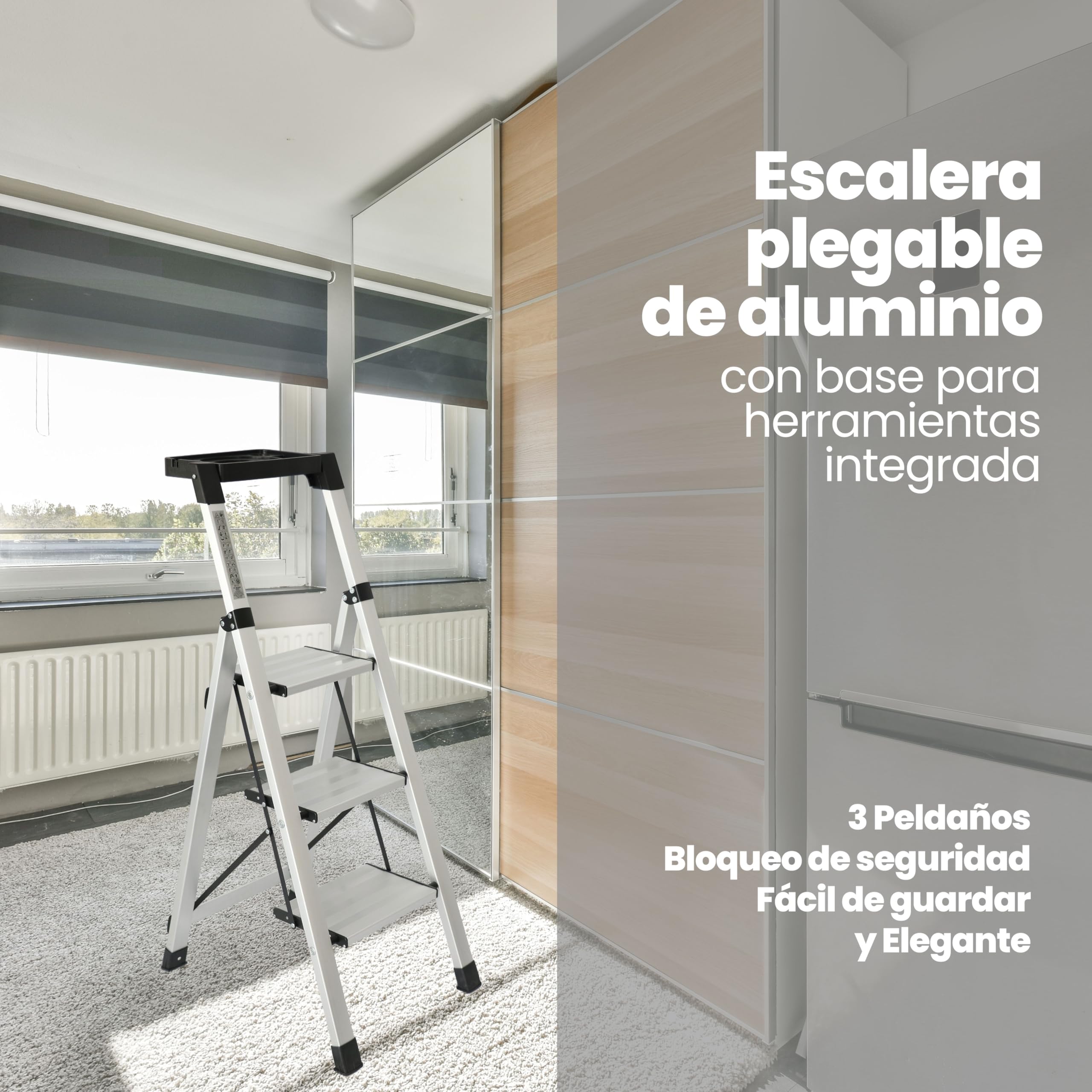 UZIRO Escalera Plegable 3 Peldaños, Aluminio, Peldaños Anchos | Liviana, Porta Herramientas, Peldaños Anchos Antideslizantes, Compacta, Fácil de Utilizar