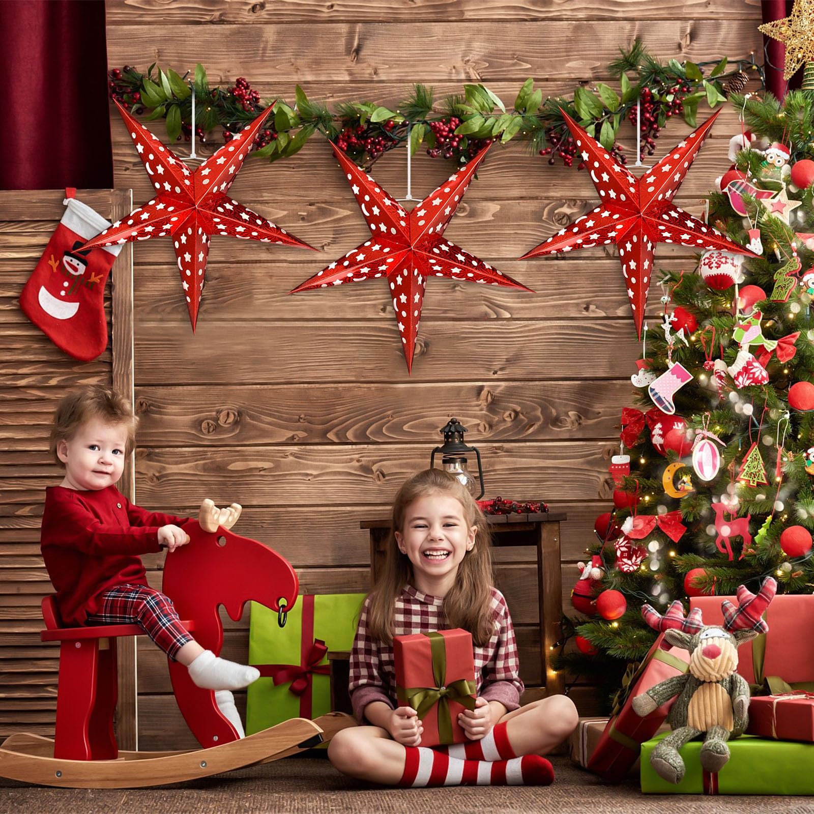 Uonlytech Lot de 5 Etoile Papier a Suspendre lanternes étoiles en papier - 45 cm - Décoration de Noël à suspendre pour mariage, fête d'anniversaire, Noël, Halloween (rouge)
