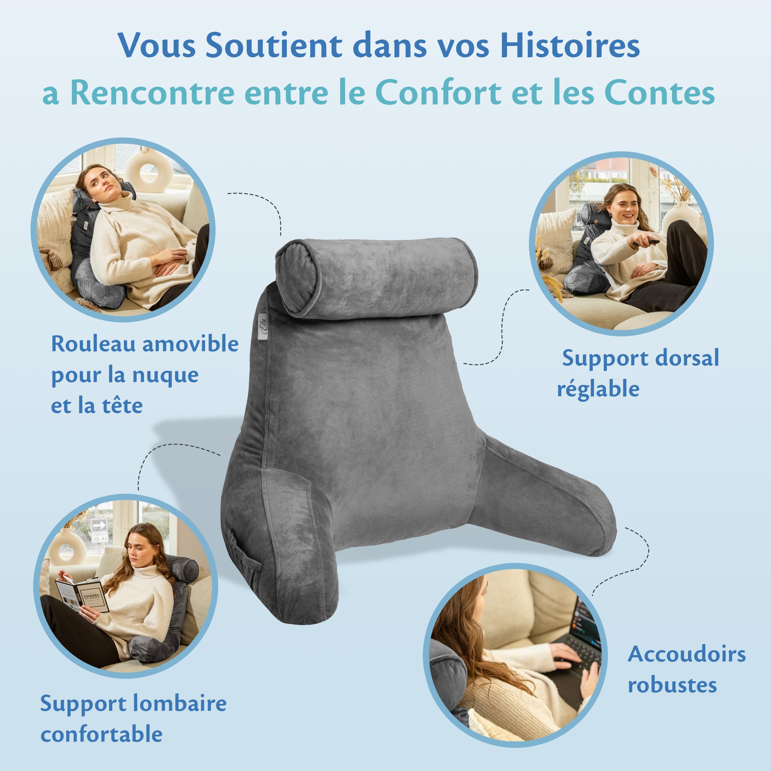 Ella Coussin de Lecture avec Rouleau de Cou - Oreiller de Lecture avec Accoudoirs, Soutien du Dos et du Cou pour la Lecture ou la Relaxation - Coussin de Dossier Fauteuil de Lecture - Velours (Gris)