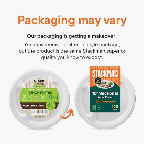 Miniatura 6 de Stack Man - Platos 100% compostables de 10 pulgadas de alta resistencia paquete de 125 unidades 3 compartimentos, platos de bagazo blanco