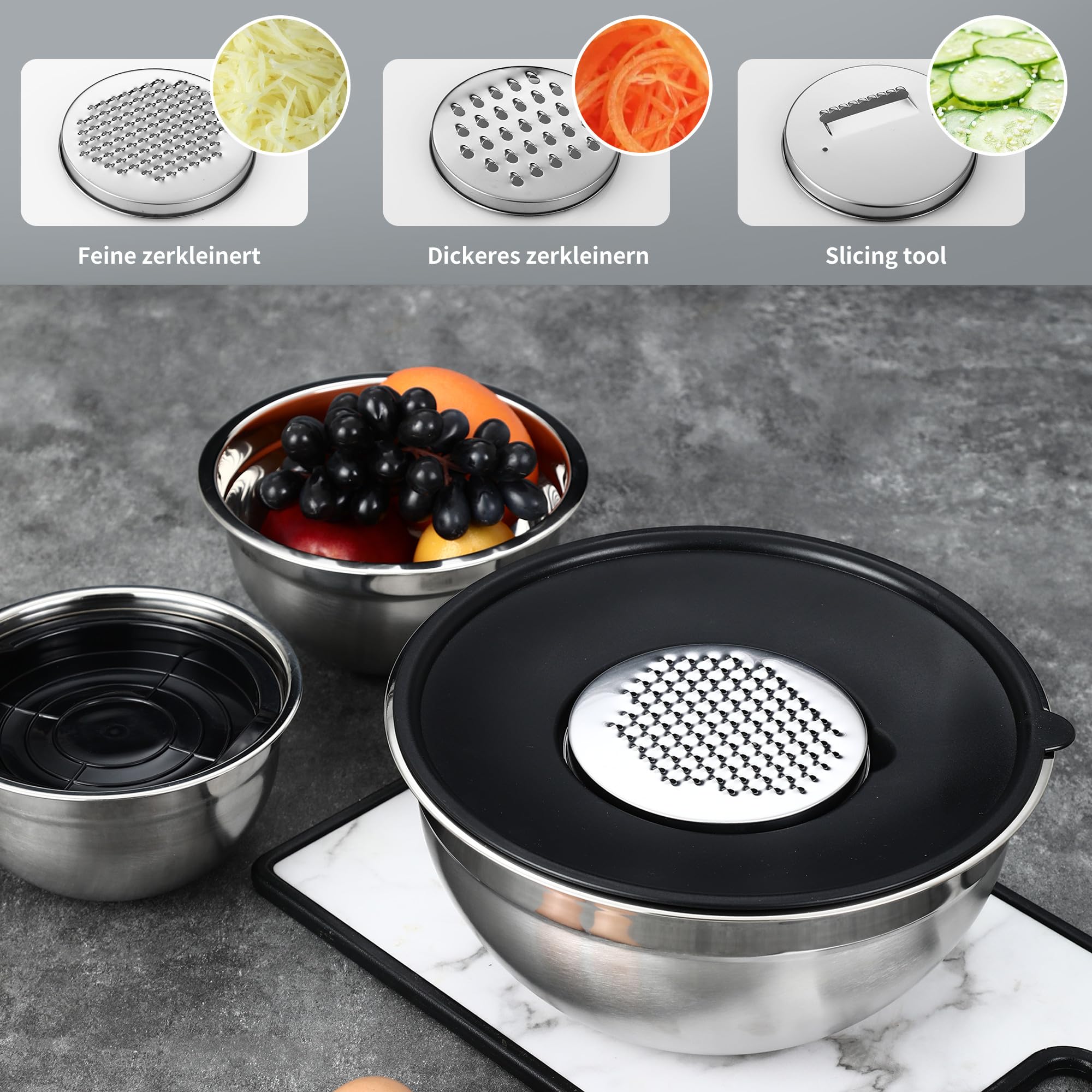 Set 5 Ciotole Acciaio Inox Con Coperchi - 4.5L/2.7L/1.6L/1.1L/0.7L, Lavastoviglie Safe