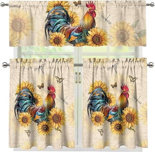Miniatura 4 de Juego de cortinas de cocina con patrón de gallo de 3 piezas, elegante juego de cortinas de cocina y cenefas, elegante juego de cortinas para