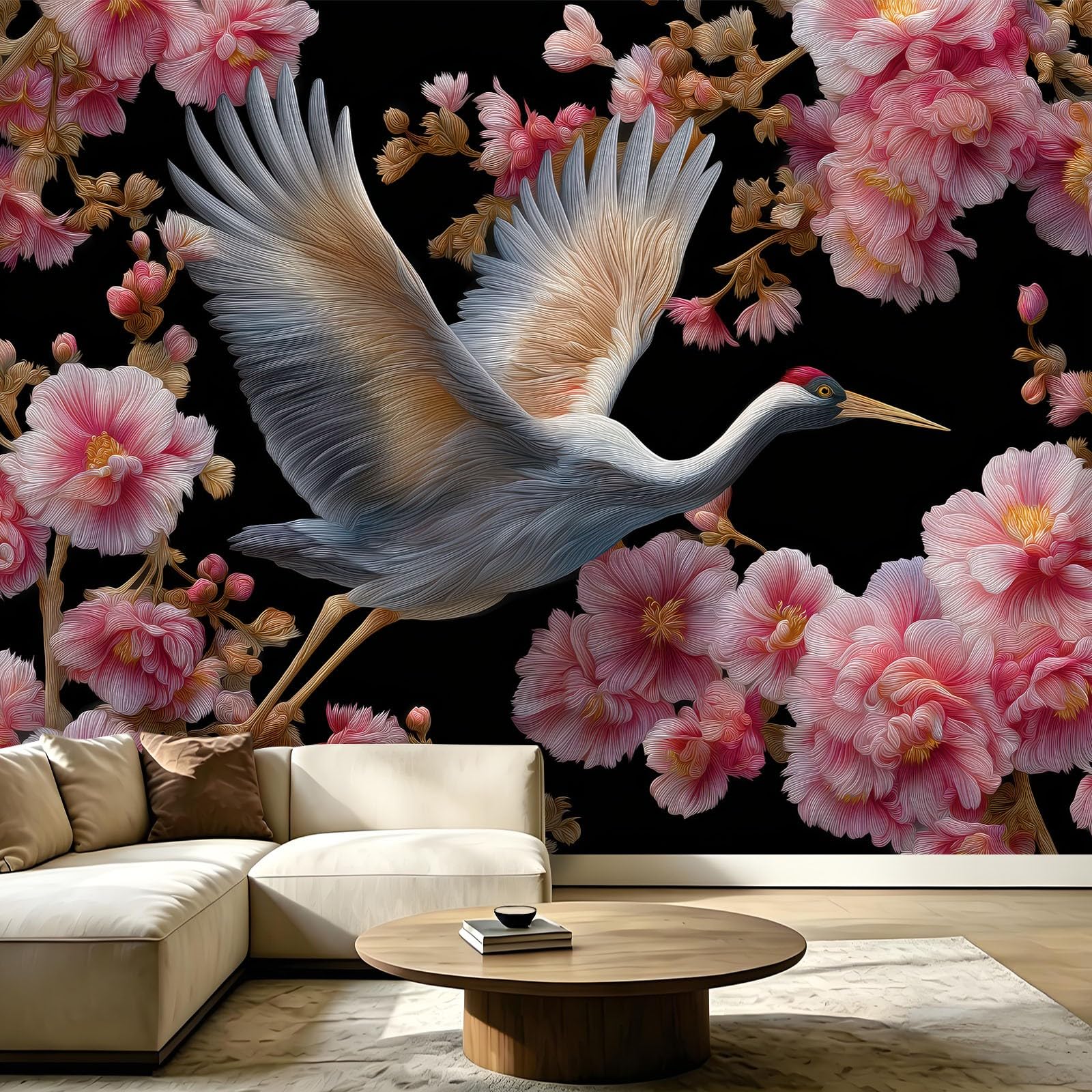 Carta da parati fotografica in tessuto non tessuto con gru e fiori di ciliegio, 200 x 140 cm (larghezza x altezza), motivo cineserie, animali orientali, floreale, per cucina, sala da pranzo, ufficio