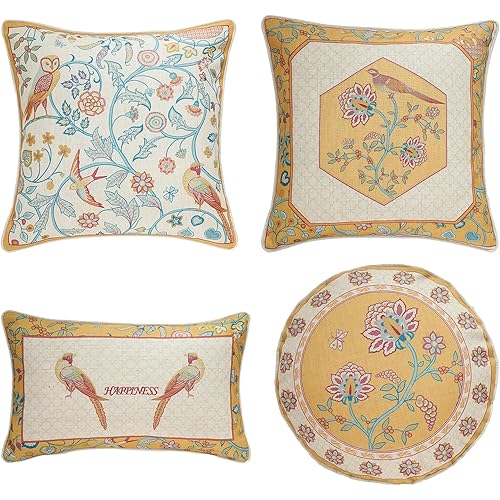patdrea Design Yellow Linen Throw Pillow Covers Pack of 4, French Square Lumbar Round Pillowcase, Soft Durable Cushion Cases Pillowcase for Couch Bedroom Car Living Room 4 PCS