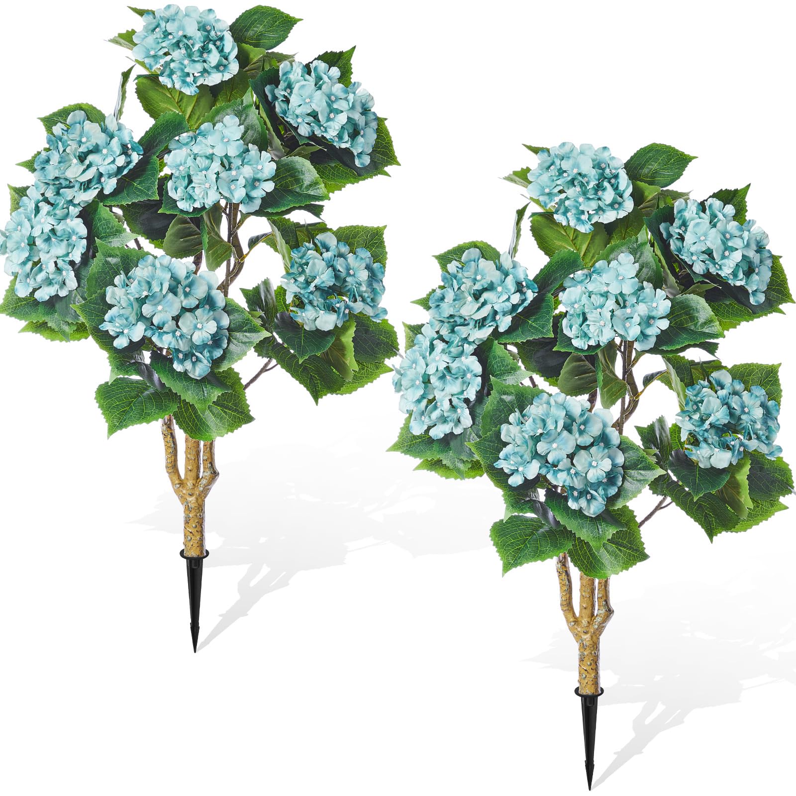 2 Pack Artificial Hydrangea Trees with Spikes 3 ft Faux Hydrangea Flower UV Resistant Spring Summer Floral Blooming Bush for Indoor Outdoor Wedding Front Door Porch Garden Backyard(Blue)