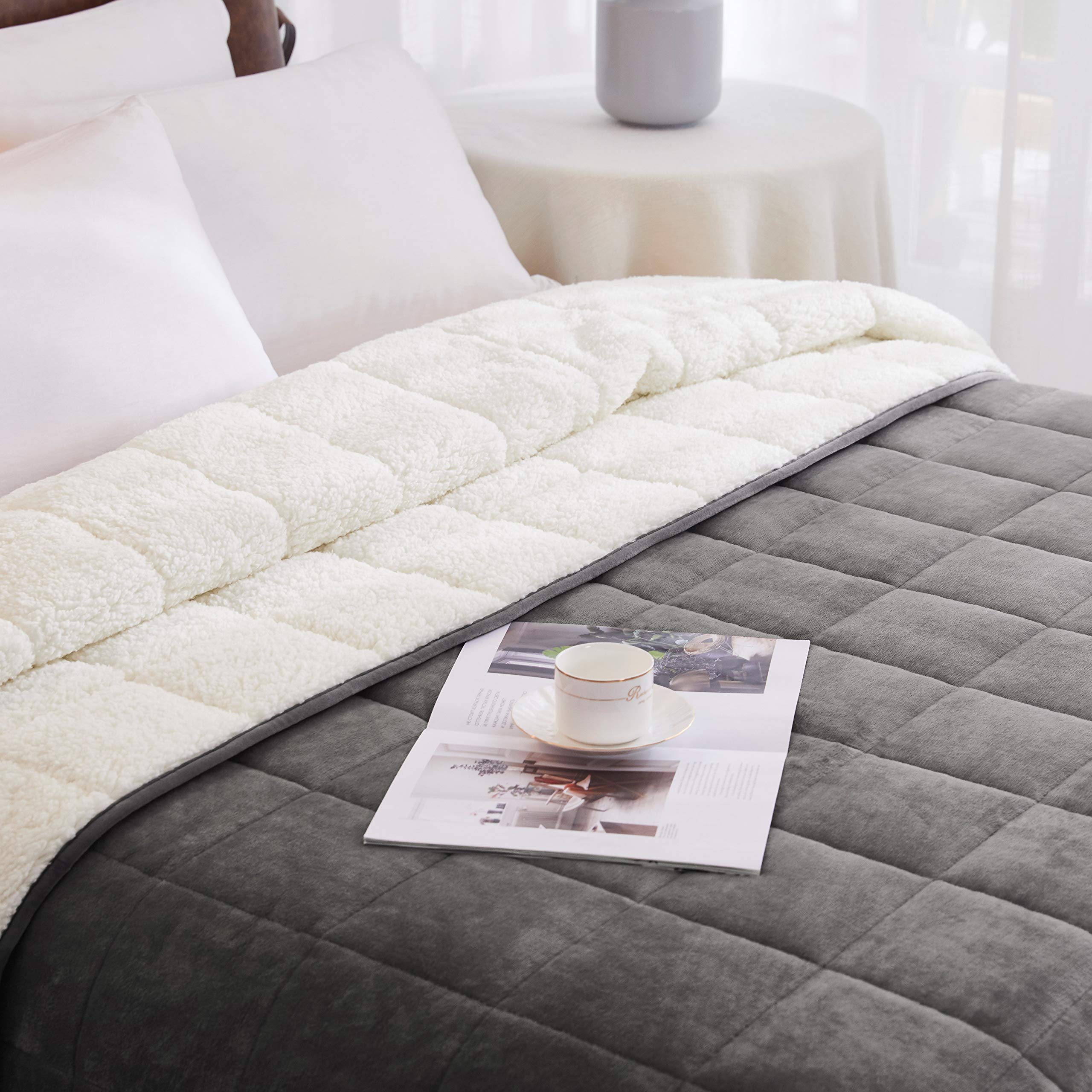 HomeSmart Weighted Throw Blanket for Adults & Kids (Light Grey & White 7lbs 48x60) | Duel Sided - Super Soft Fleece & Cozy Plush Sherpa Fabric on Opposite Side