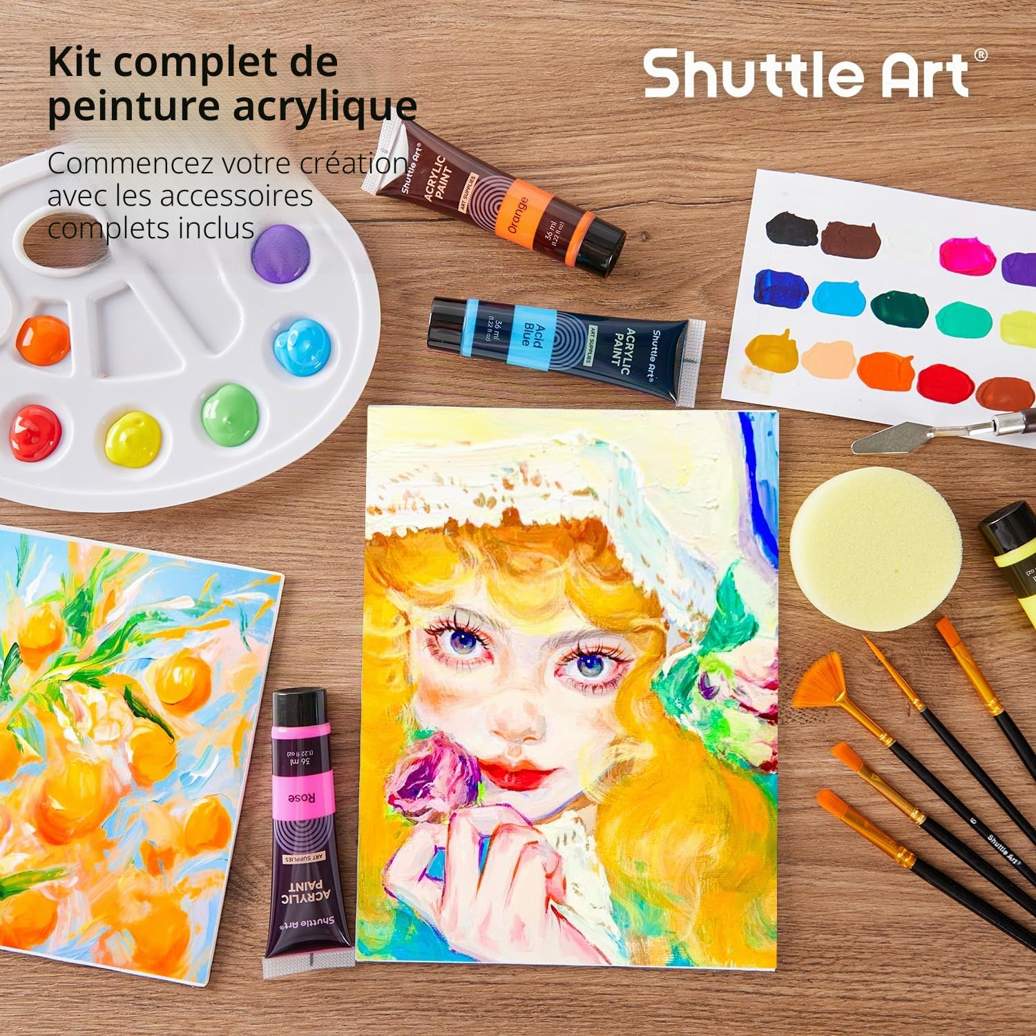 Shuttle Art 66 Pièces Kit Peinture Acrylique Tout-En-Un, Chevalet Peinture avec 30 Tubes Peinture Acrylique (12ml), Pinceaux Peinture, Toile Peinture, Kit Peinture Enfant Adultes Professionnel