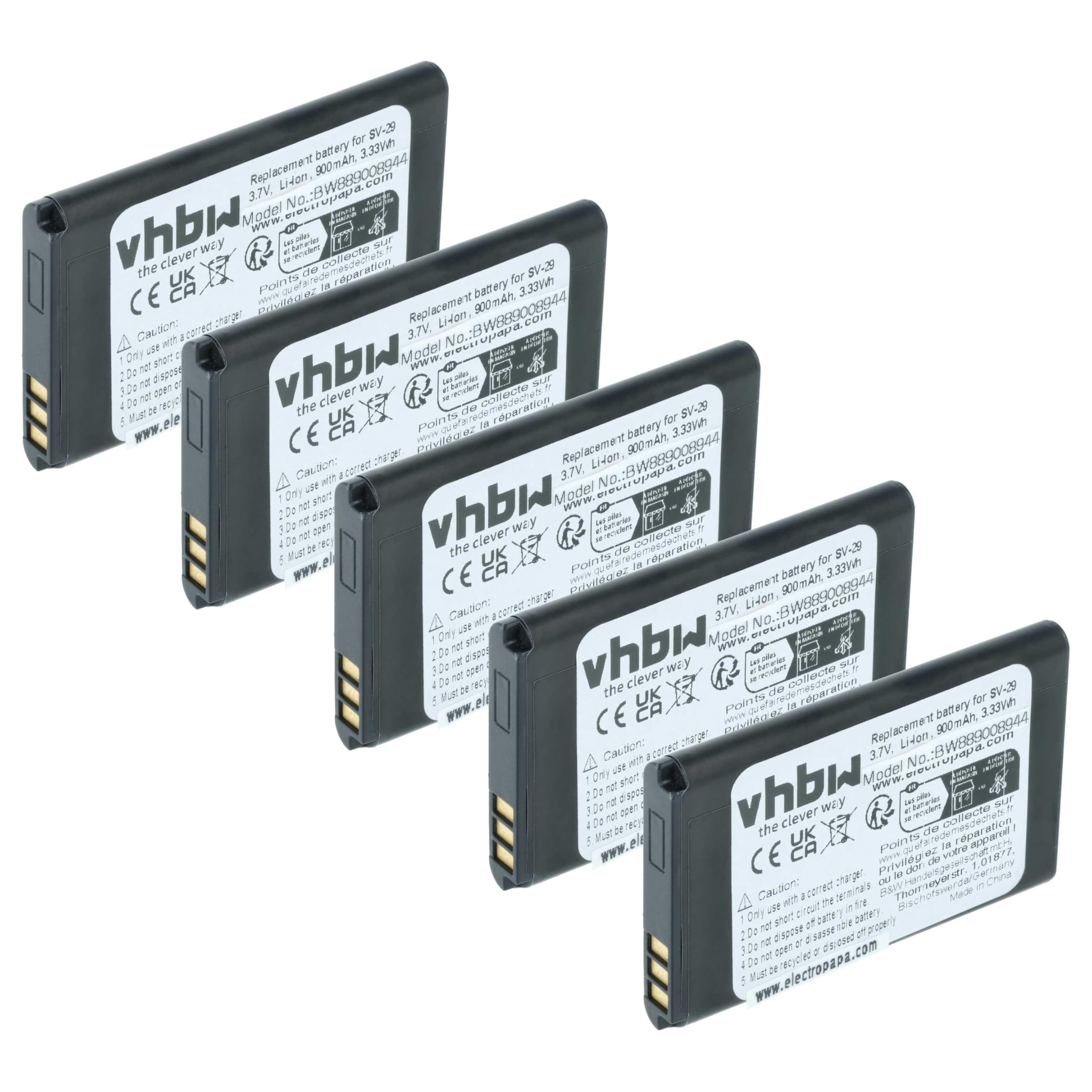 vhbw 5 x akumulator zastępczy do Blu 300D006018F, C533457105T do telefonu komórkowego smartfona telefonu (900 mAh, 3,7 V, litowo-jonowy)