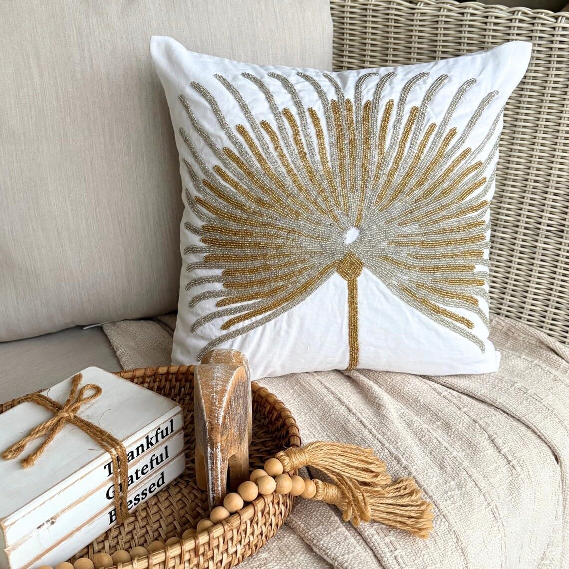 The HomeCentric Sofa Cushion Cover, Decorative Pillow Cover White 18x18 inch (45x45 cm) Silver and Gold Beaded Tree Sparkly Pillows Cover, Square Silk Pillows Cover, Floral - Love Grows On Trees