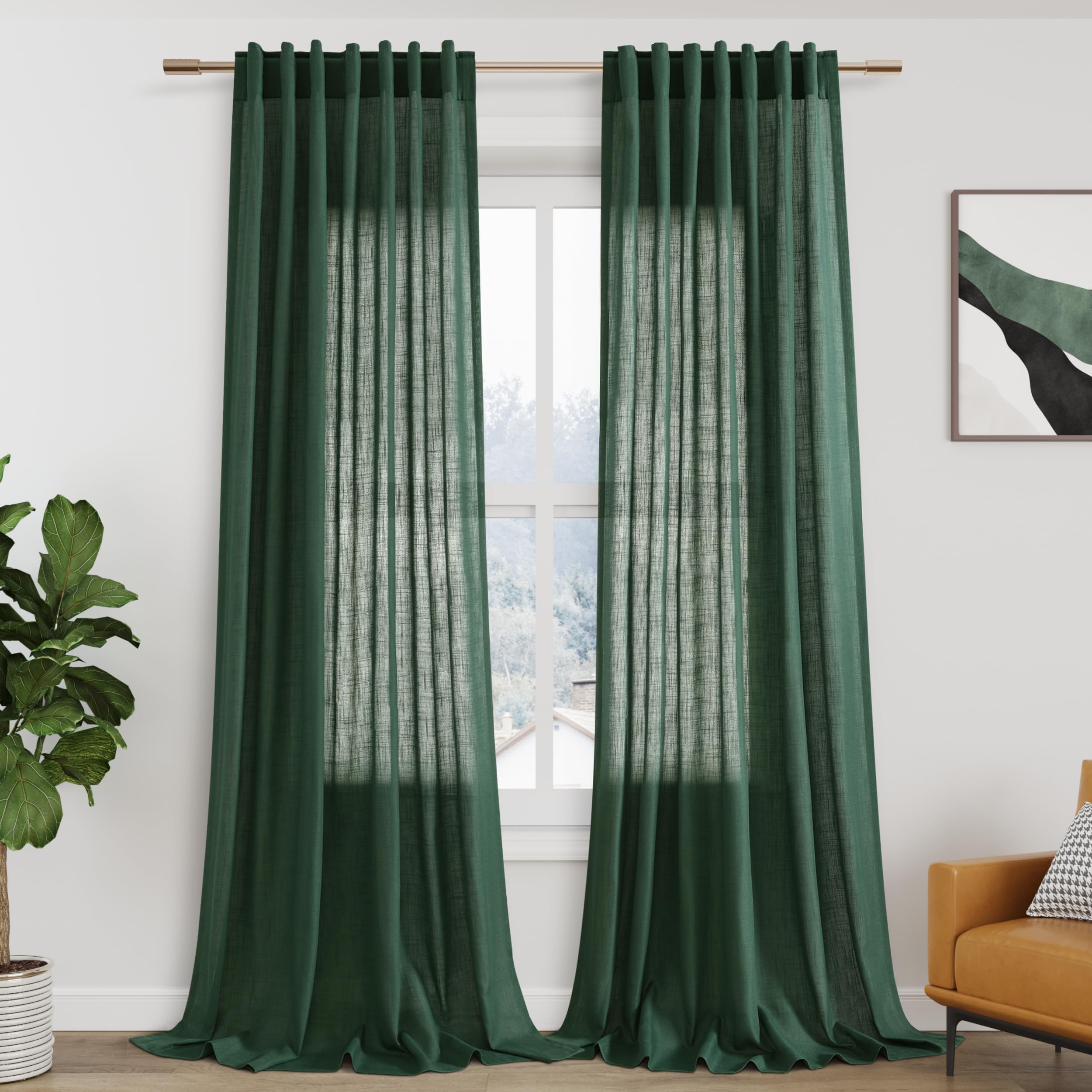 Emerald Green Linen Curtains 96 inches Long for Bedroom Back Tab Light Filtering Privacy Sheer Green Curtains Boho Farmhouse Christmas Decor New Year Holiday Green Gauze Curtain 2 Panel Set 52x96