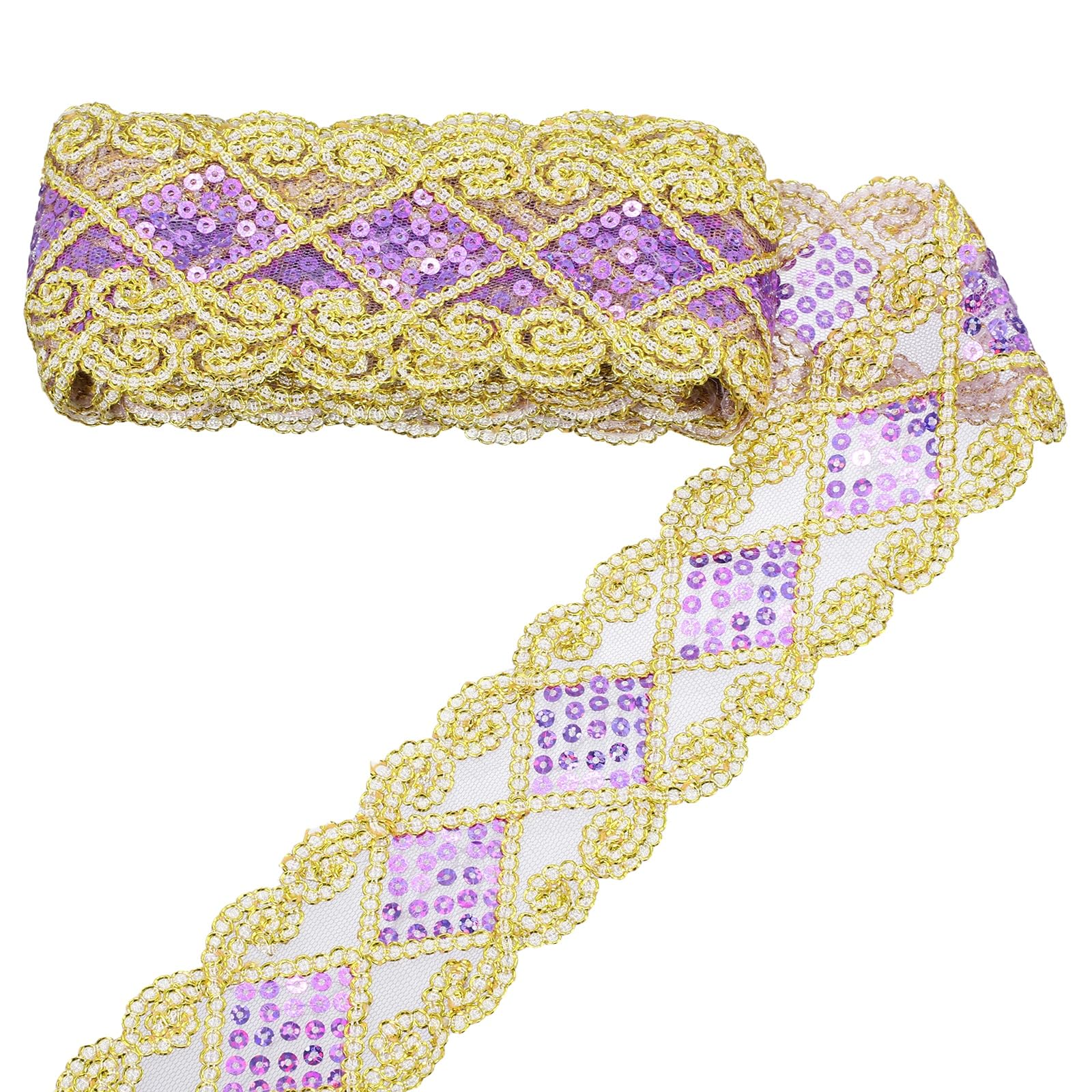sourcing map Sequins Lace Mesh Trim Lace Ribbon Applique, 6cm 4.57m Diamond Shaped Braid Sequins Lace Fabric for Sewing DIY Craft Curtain Dress Clothing Wedding, Light Purple