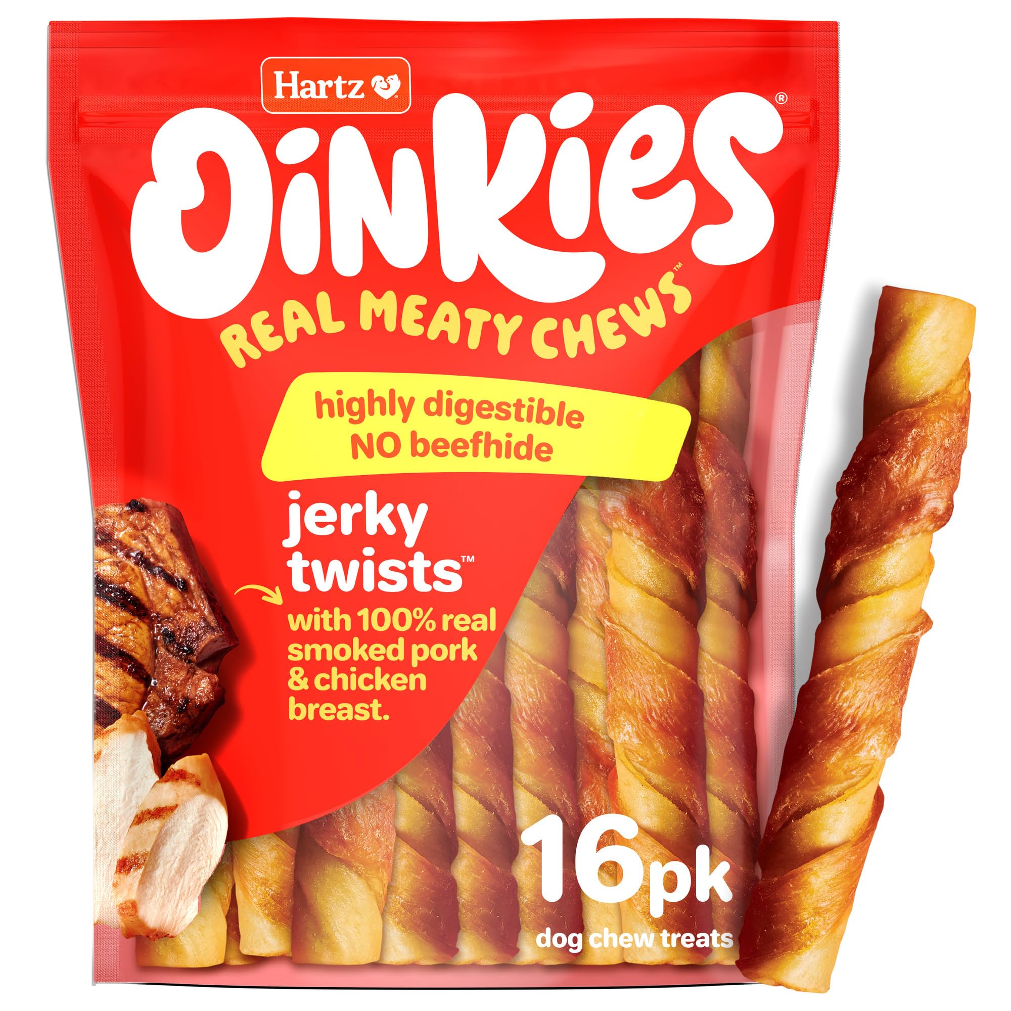 Hartz Oinkies Porkalicious Smoked Pig Skin Jerky Twists Dog Treats, 16pk