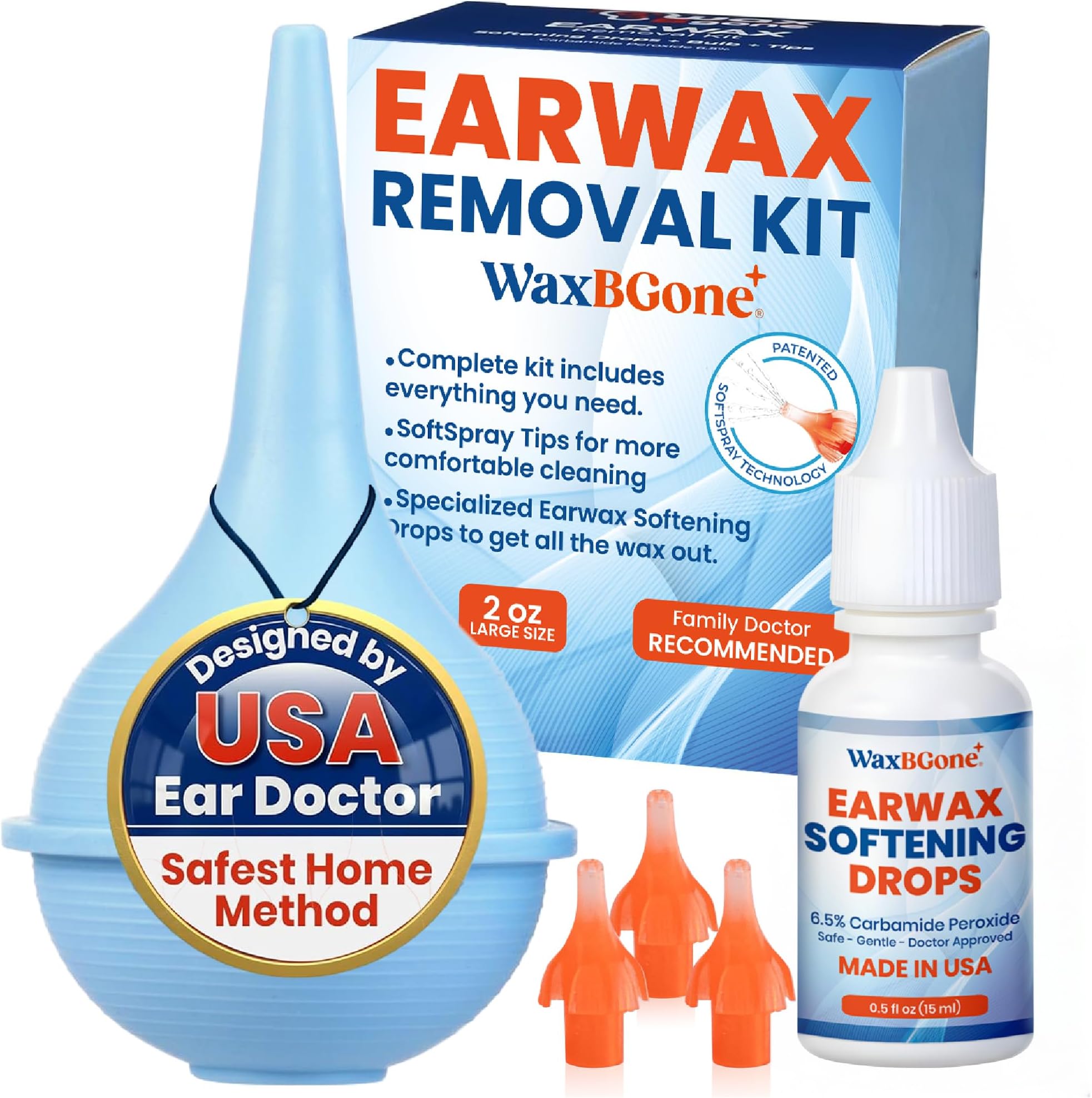 WaxBGone® Earwax Removal Kits – Safe Ear Cleaning System with Bulb Syringe, SoftSpray® Tips or Ear Drops, Gentle Irrigation for Adults, Kids & Infants (2 Ounce)