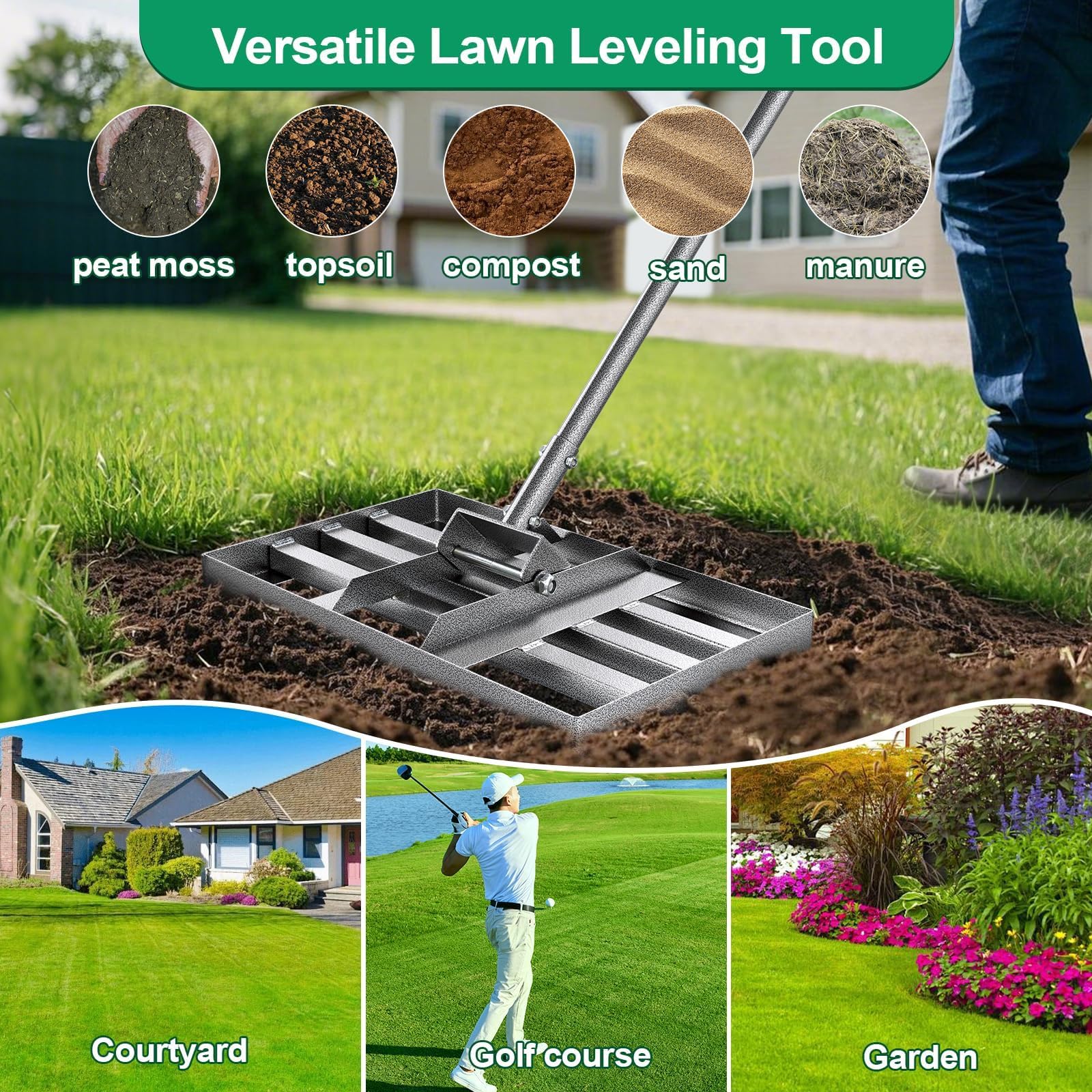 Rastrillo nivelador de césped, herramienta niveladora de césped resistente con un mango extralargo de acero duradero, rastrillos ideales para césped, patio trasero, jardines, campos de golf, granjas y