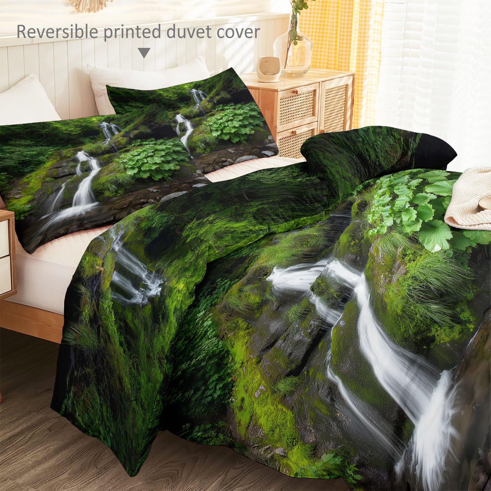 Biancheria da letto con cascata, fiume, piante tropicali, muschio, 180 x 200 cm, copripiumino fotografico verde, copripiumino reversibile in microfibra di alta qualità, per persone allergiche, con